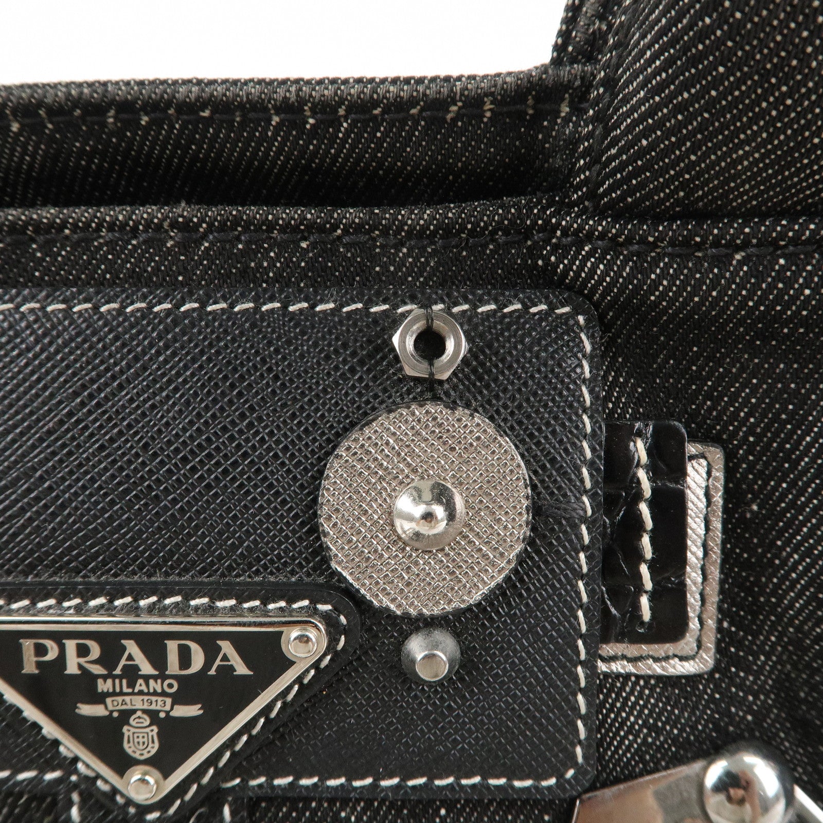 PRADA Logo Canapa Mini 2 Way Denim Canvas Hand Bag Black 1BG439