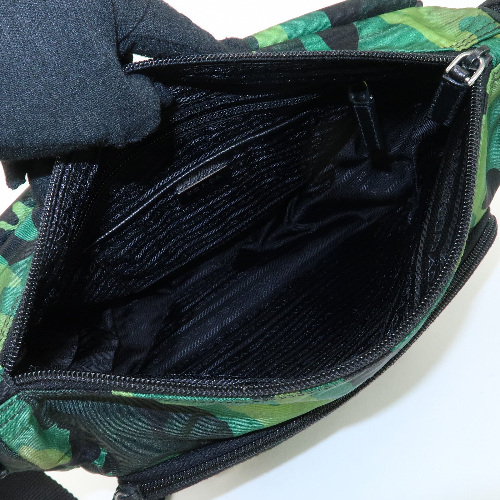 PRADA Logo Nylon Leather Camouflage Shoulder Bag Green Black Used