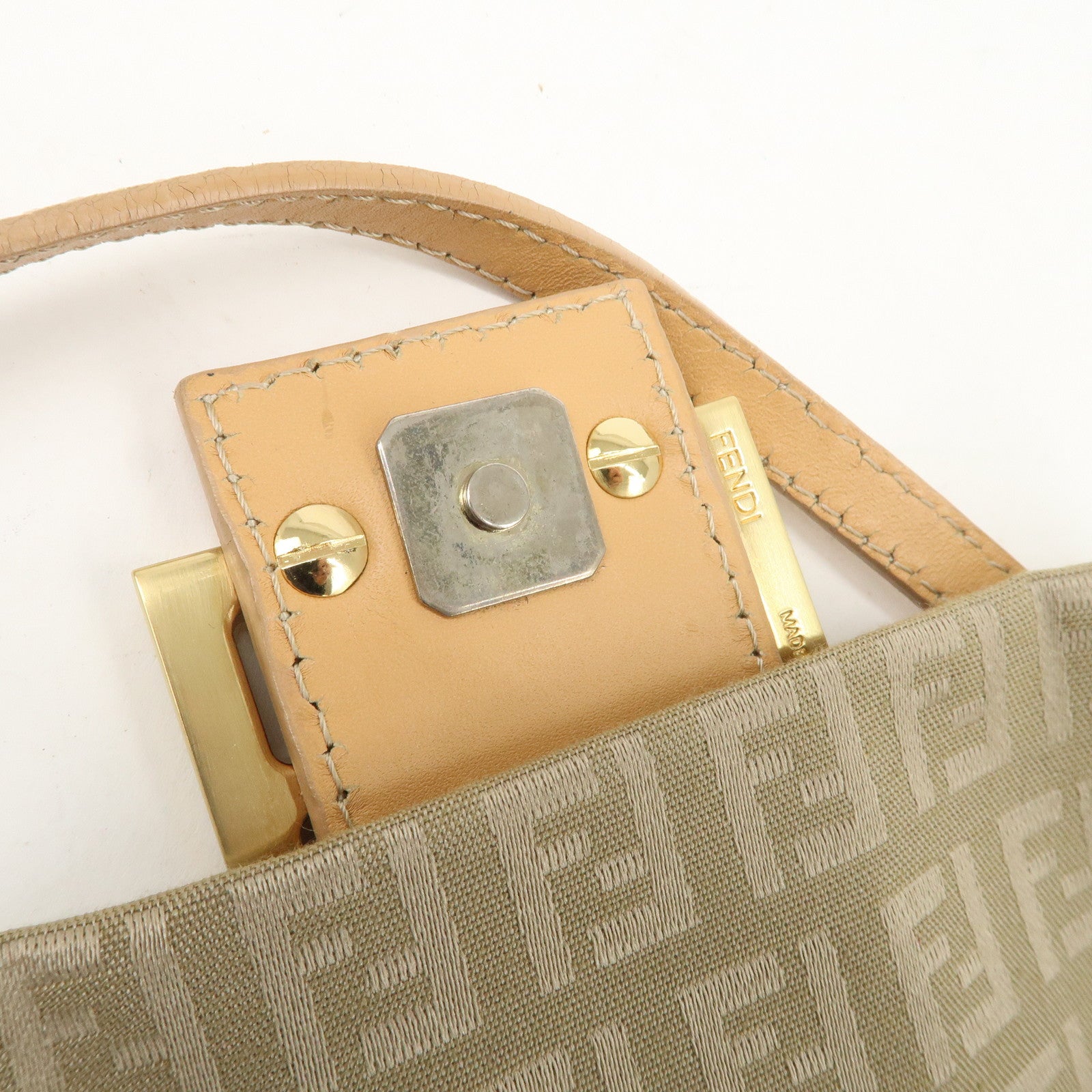 FENDI Mini Mamma Baguette Zucchino Canvas Leather Shoulder Bag Used