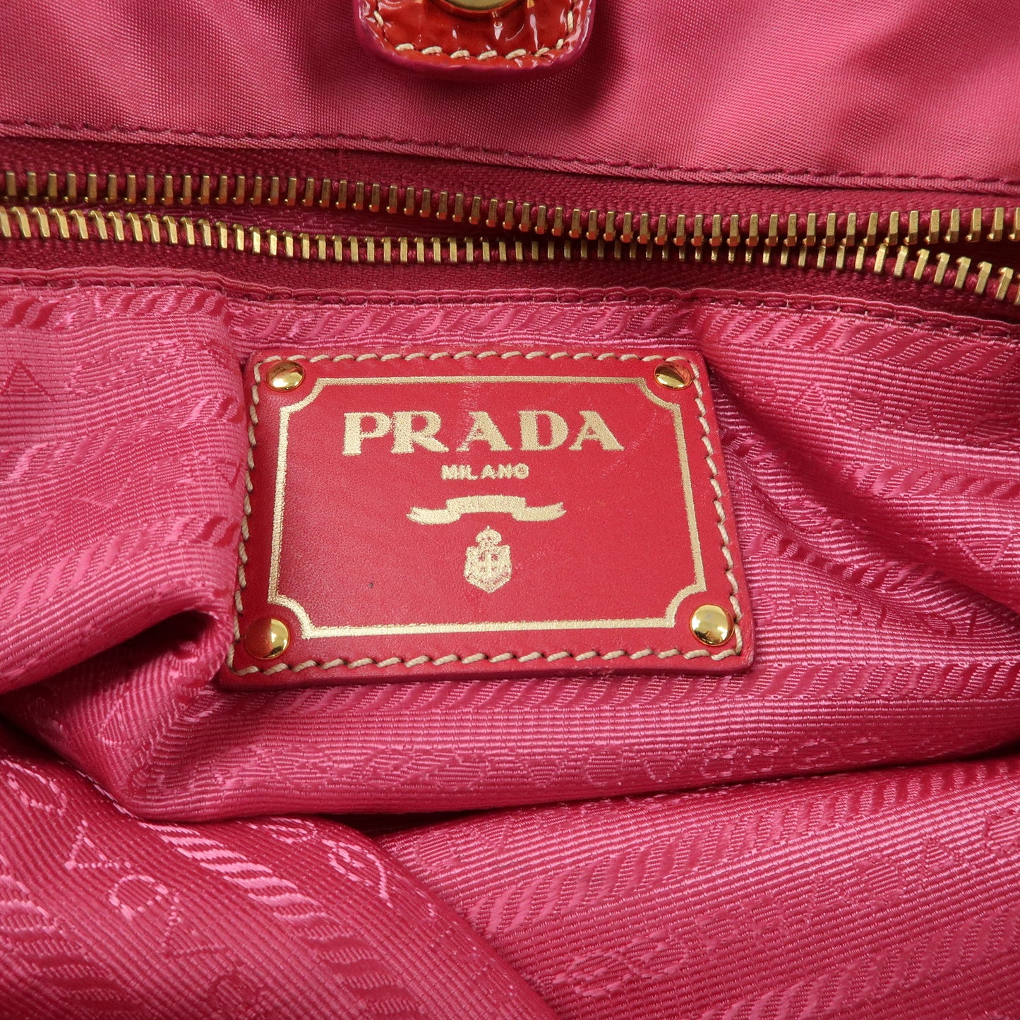 PRADA Nylon Patent Leather Logo Tote Bag Pink Red