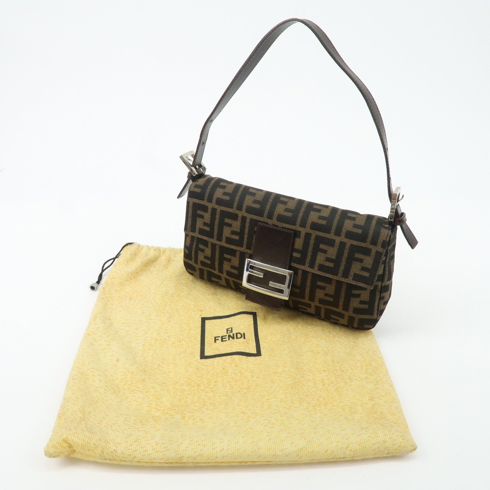 FENDI Mamma Baguette Zucca Canvas Leather Shoulder Bag 26424