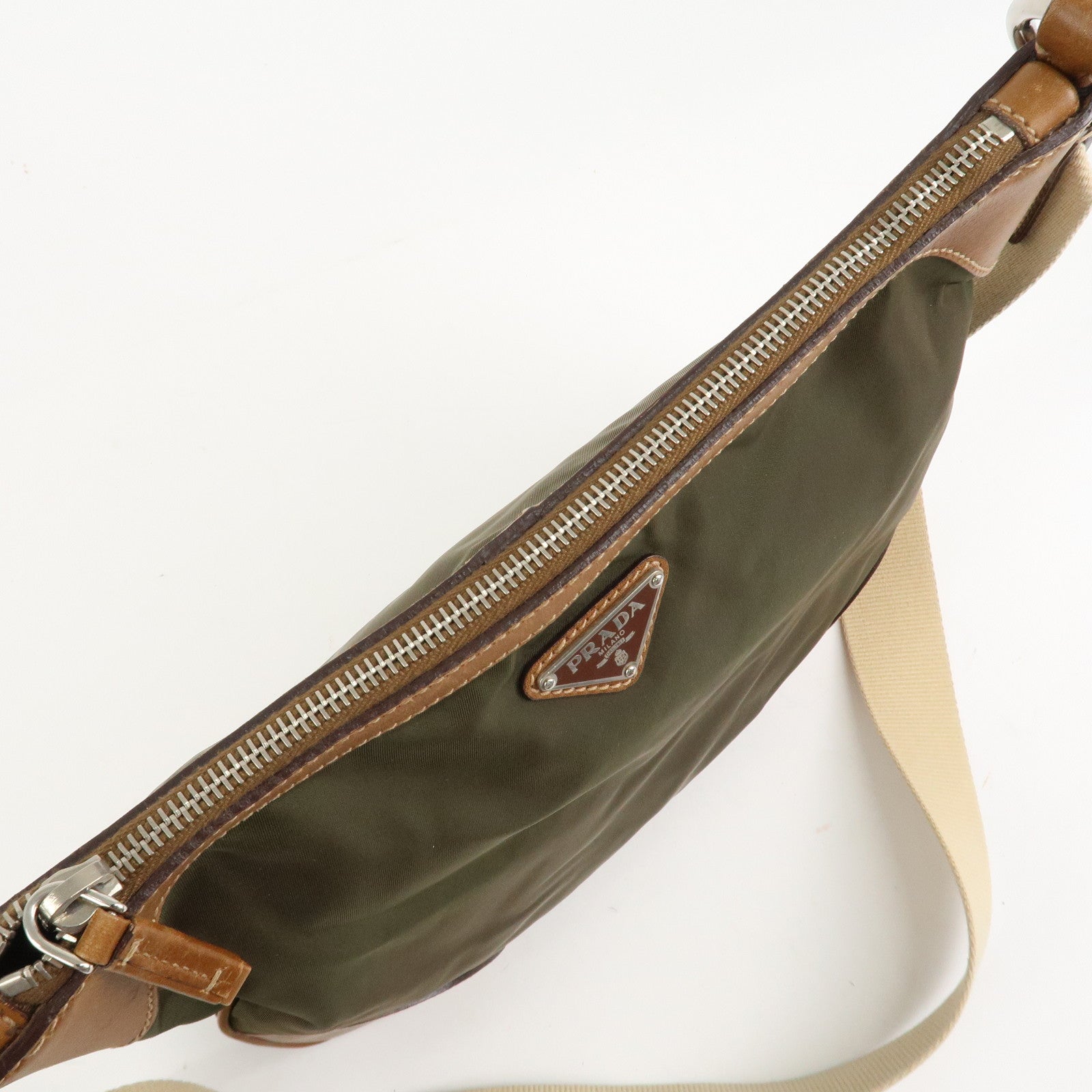 PRADA Nylon Leather Triangle Logo Shoulder Bag Khaki BT0507 Used