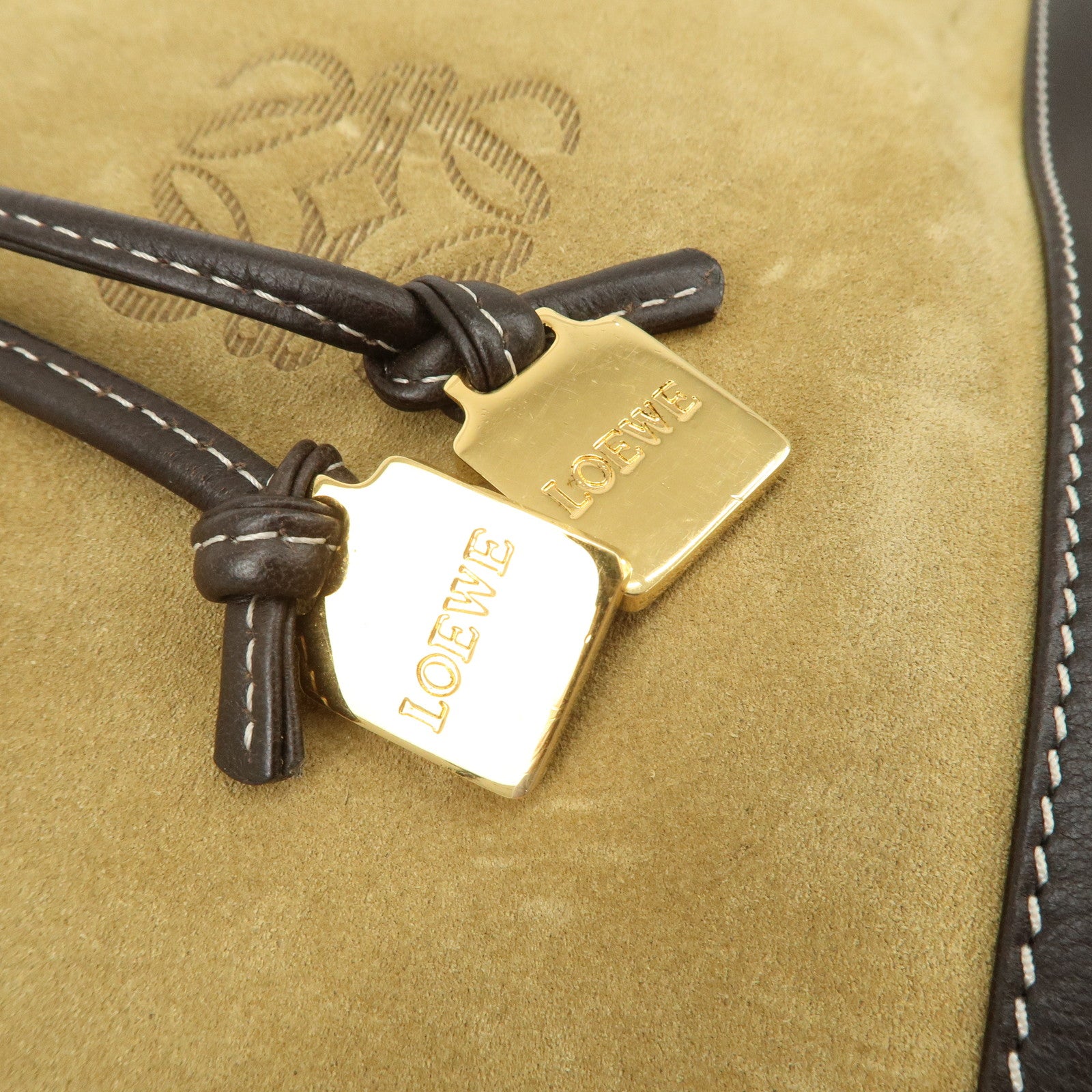 LOEWE Anagram Suede Leather Drawstring Shoulder Bag Beige Brown Used