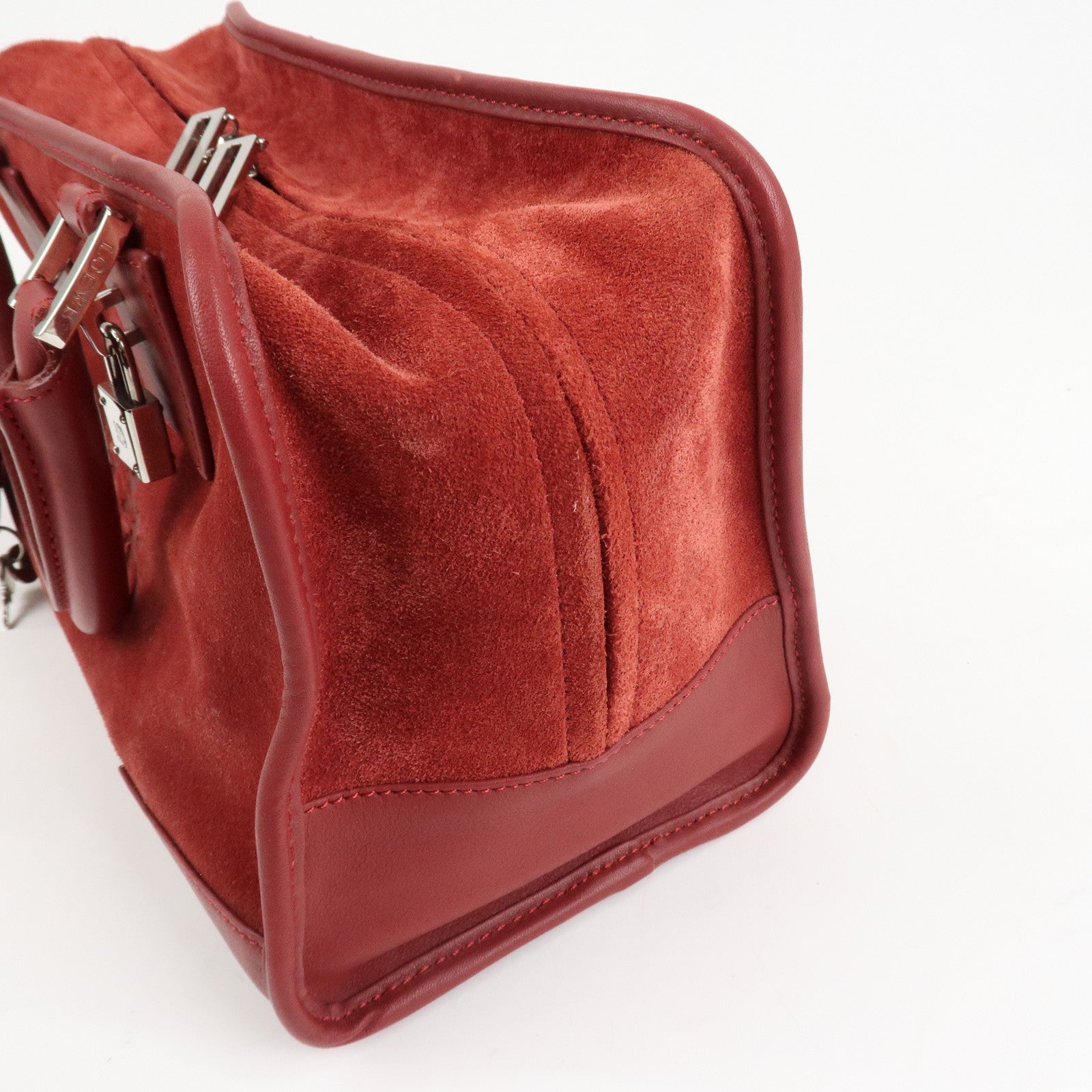 LOEWE Anagram Suede Leather Amazona 28 Hand Bag Red Silver HDW Used