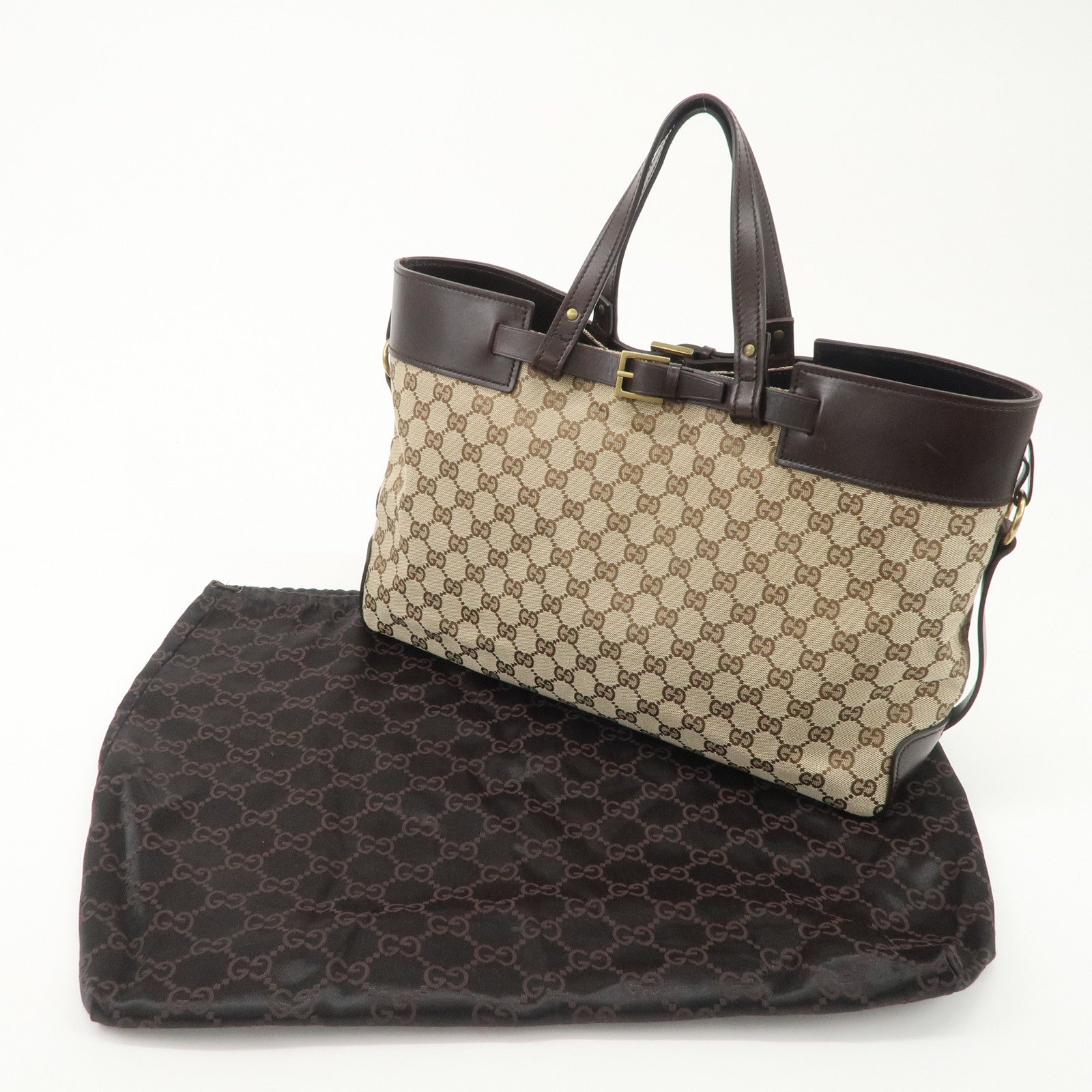 GUCCI GG Canvas Leather Tote Bag Beige Dark Brown 106251 Used