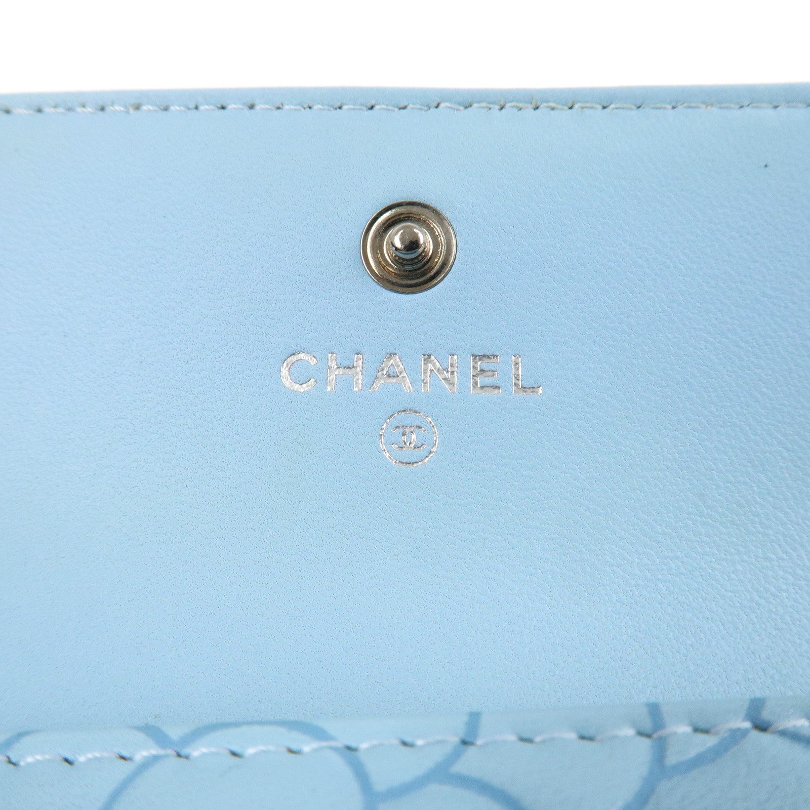 CHANEL Camelia Lamb Skin Bi-fold Wallet Blue