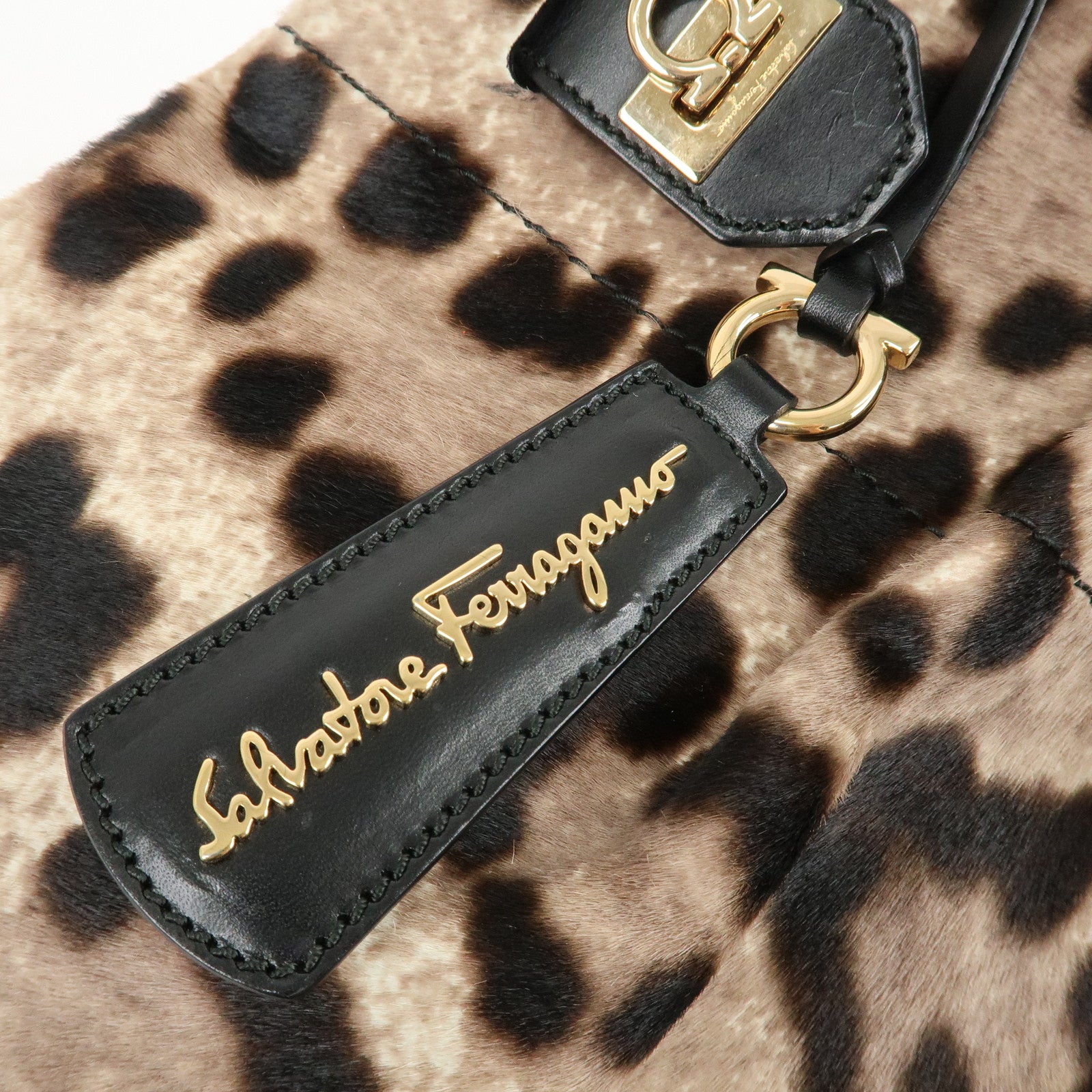 Ferragamo Gancini Unborn Calf Leather 2Way Bag Leopard Hand Bag