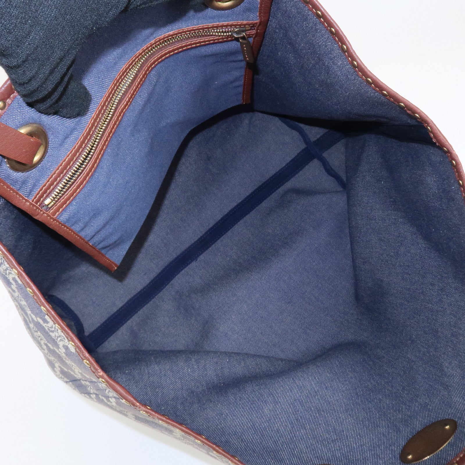 CELINE Macadam Denim Leather Studs Tote Bag Navy Brown Used