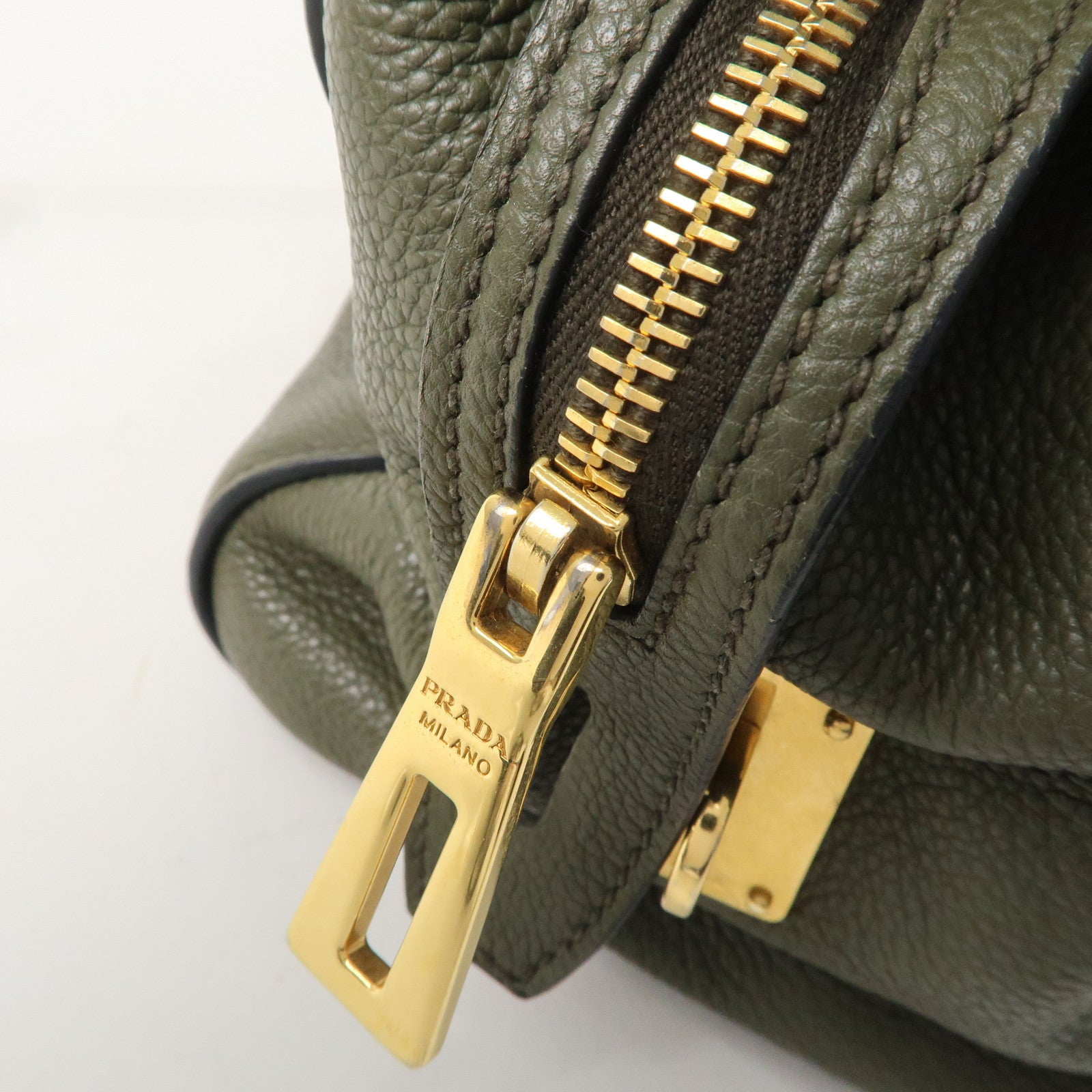 PRADA Logo Leather Hand Bag Shoulder Bag Khaki