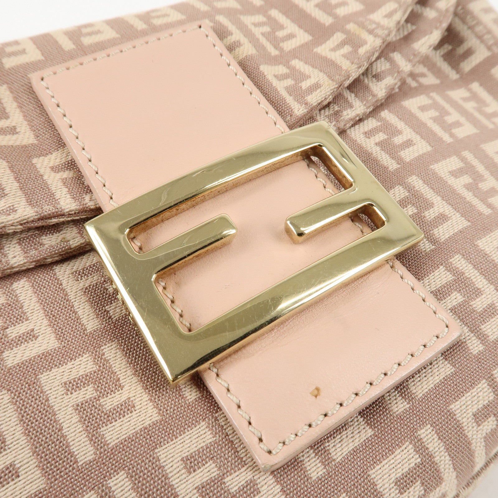 FENDI Zucchino Canvas Leather Shoulder Bag Light Pink Beige 8BR003