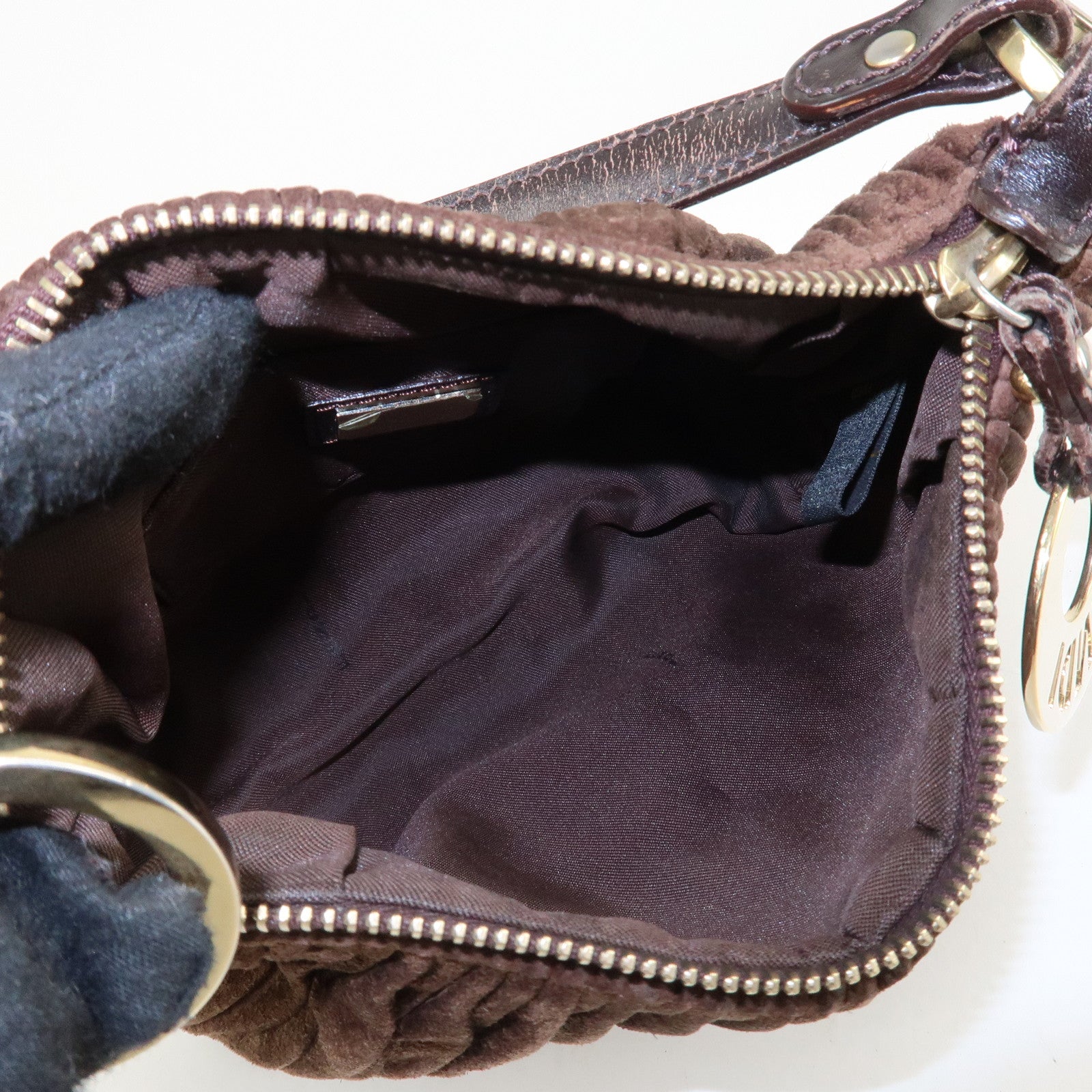 FENDI Suede Leather Gathered Shoulder Bag Dark Brown 8BR454 Used