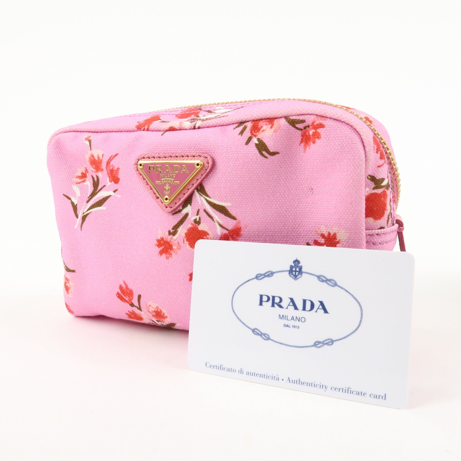 PRADA Canapa Canvas Leather Cosmetic Pouch Flower 1NA021 Pink