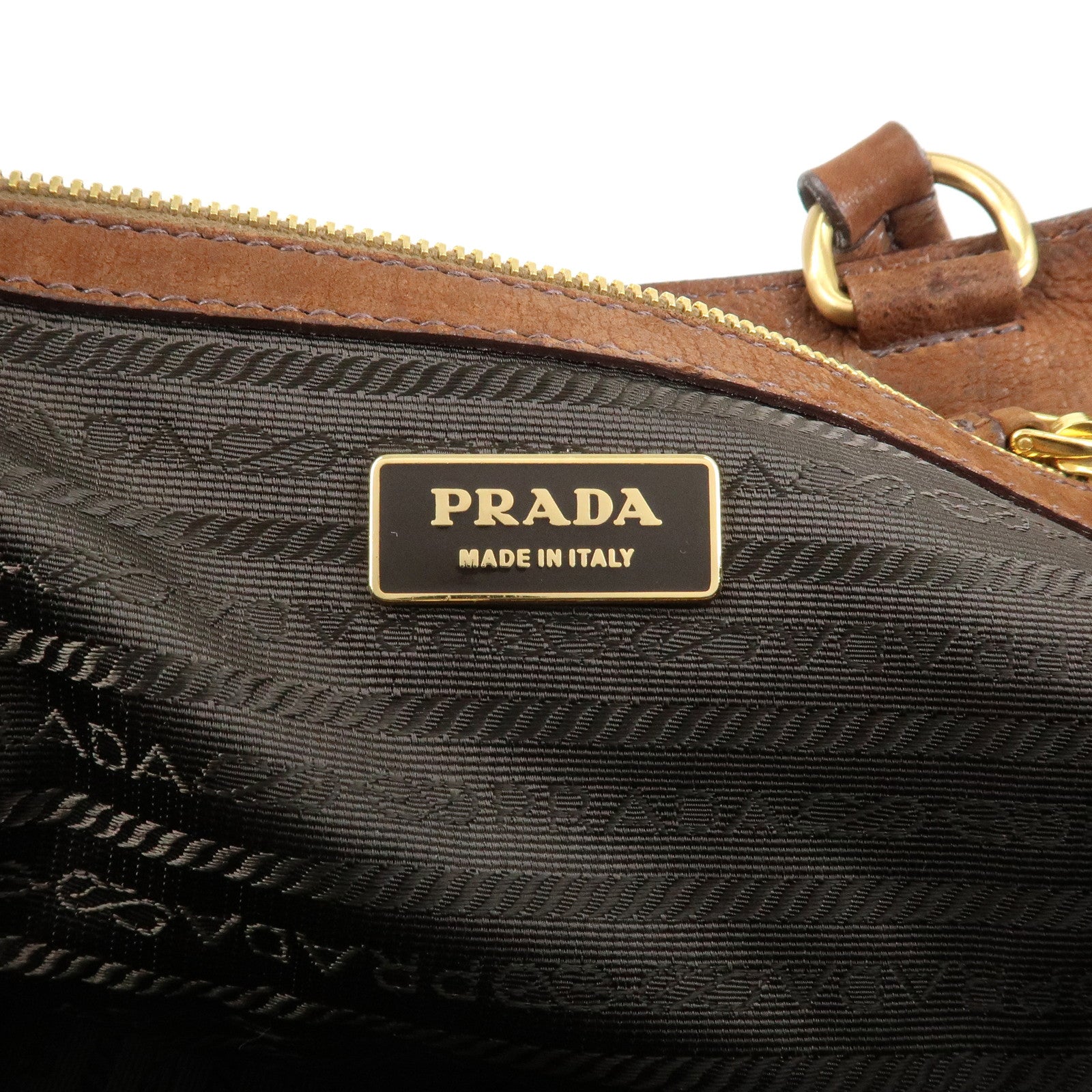 PRADA Triangle Logo Leather Tote Bag Brown Gold Hardware Used