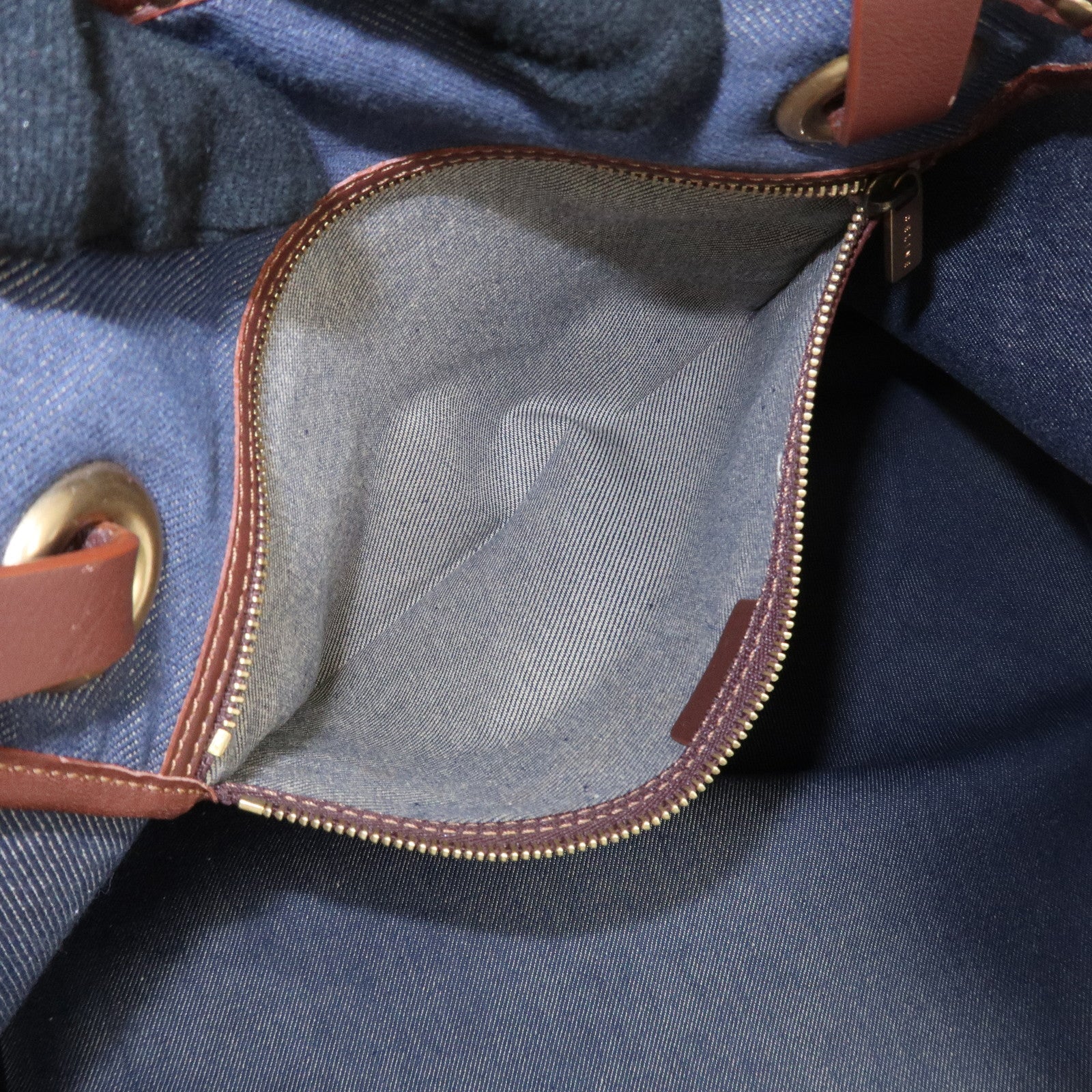CELINE Macadam Denim Leather Studs Tote Bag Navy Brown Used