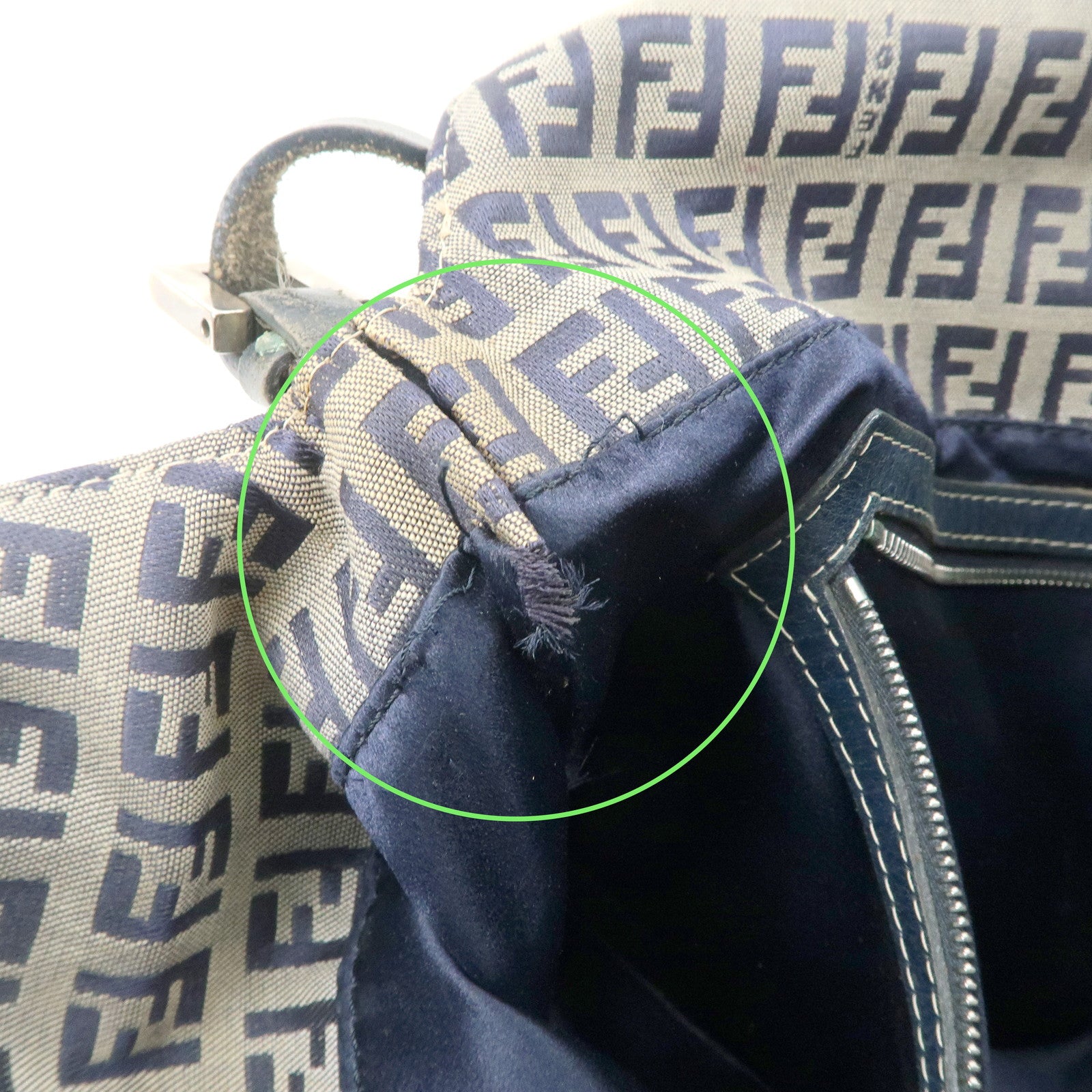 FENDI Zucchino Canvas Leather Shoulder Bag Hand Bag Grey Navy 26796 Used