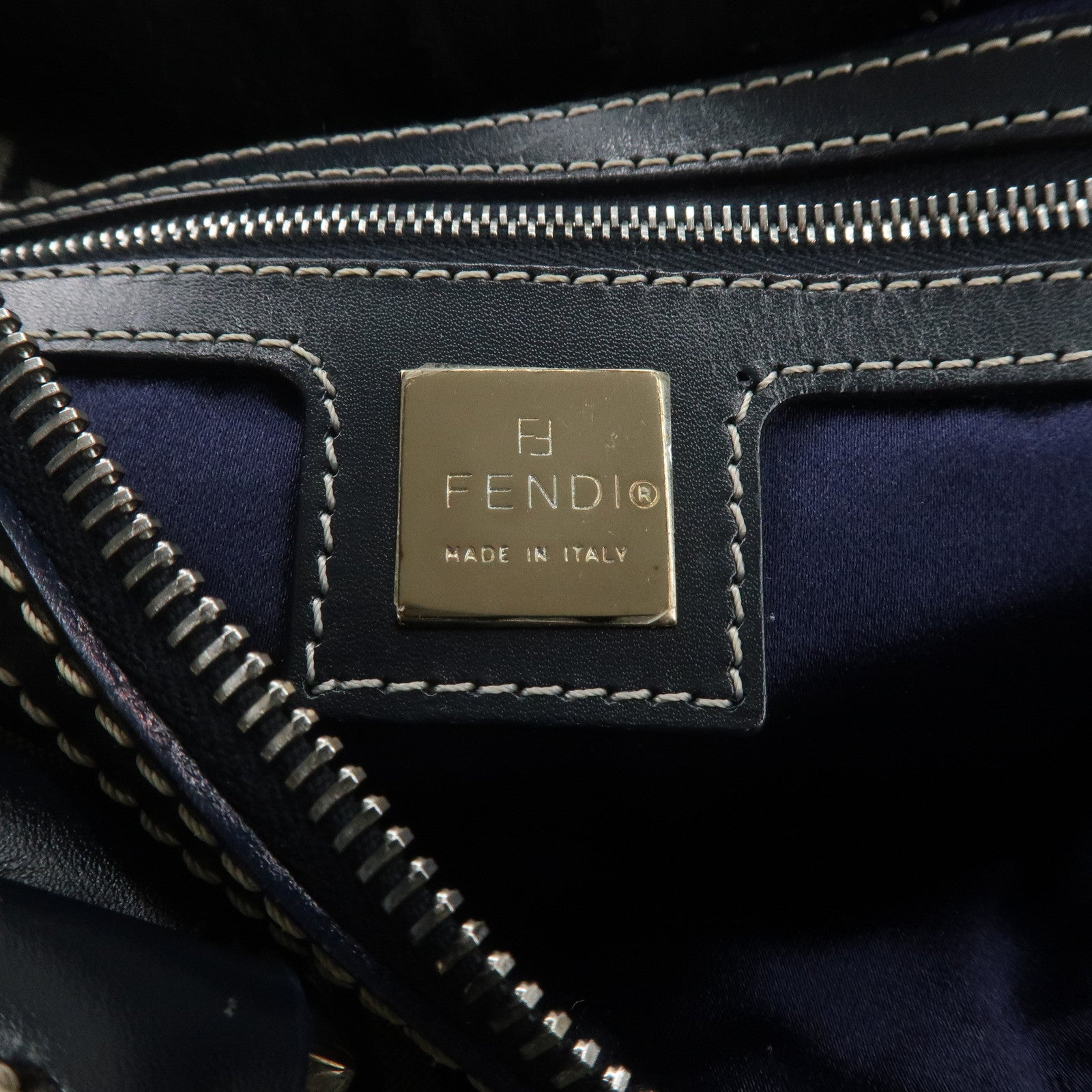 FENDI Zucchino Canvas Leather Boston Bag Beige Navy 16327