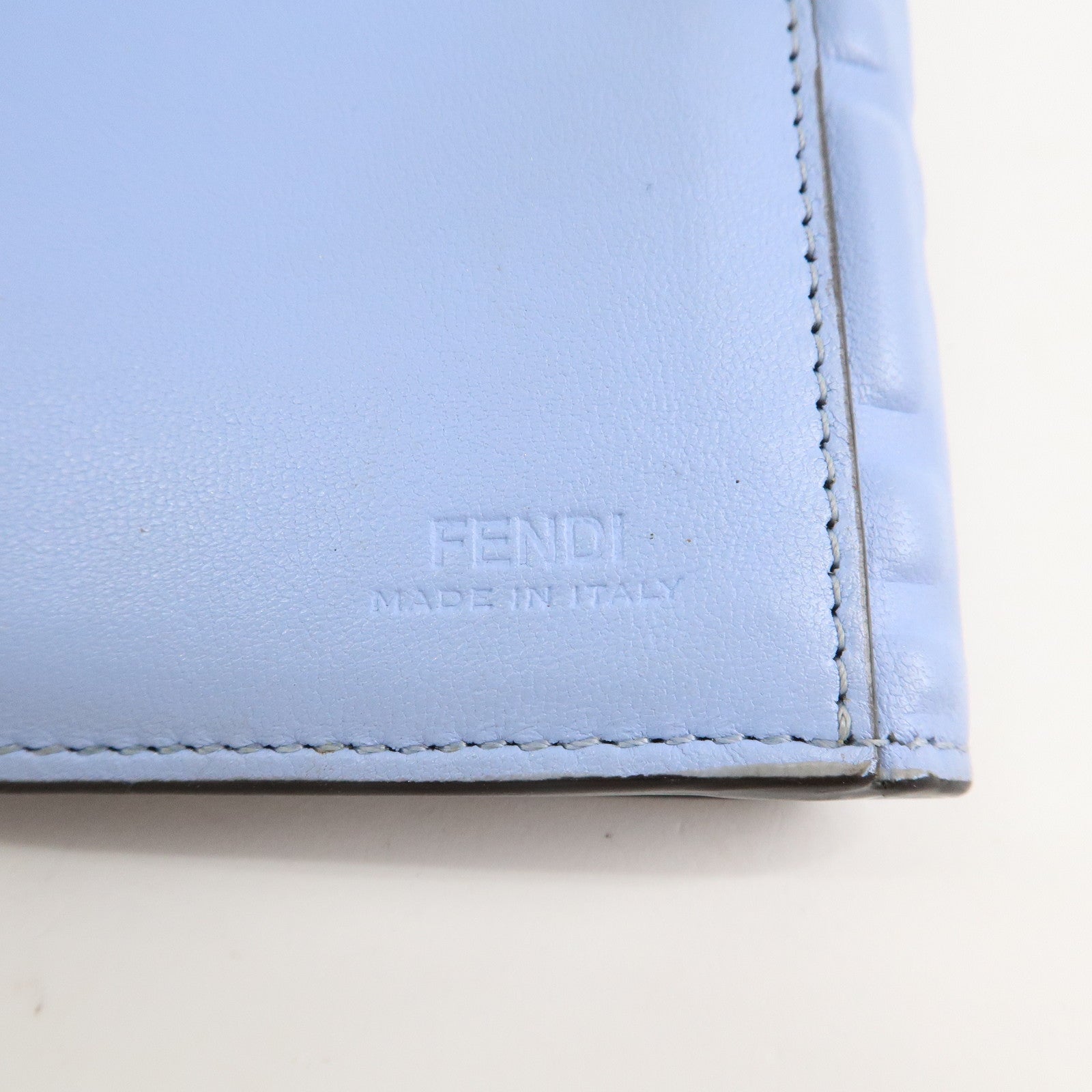 FENDI Leather Embossed Bi-fold Wallet Light Blue 8M0419