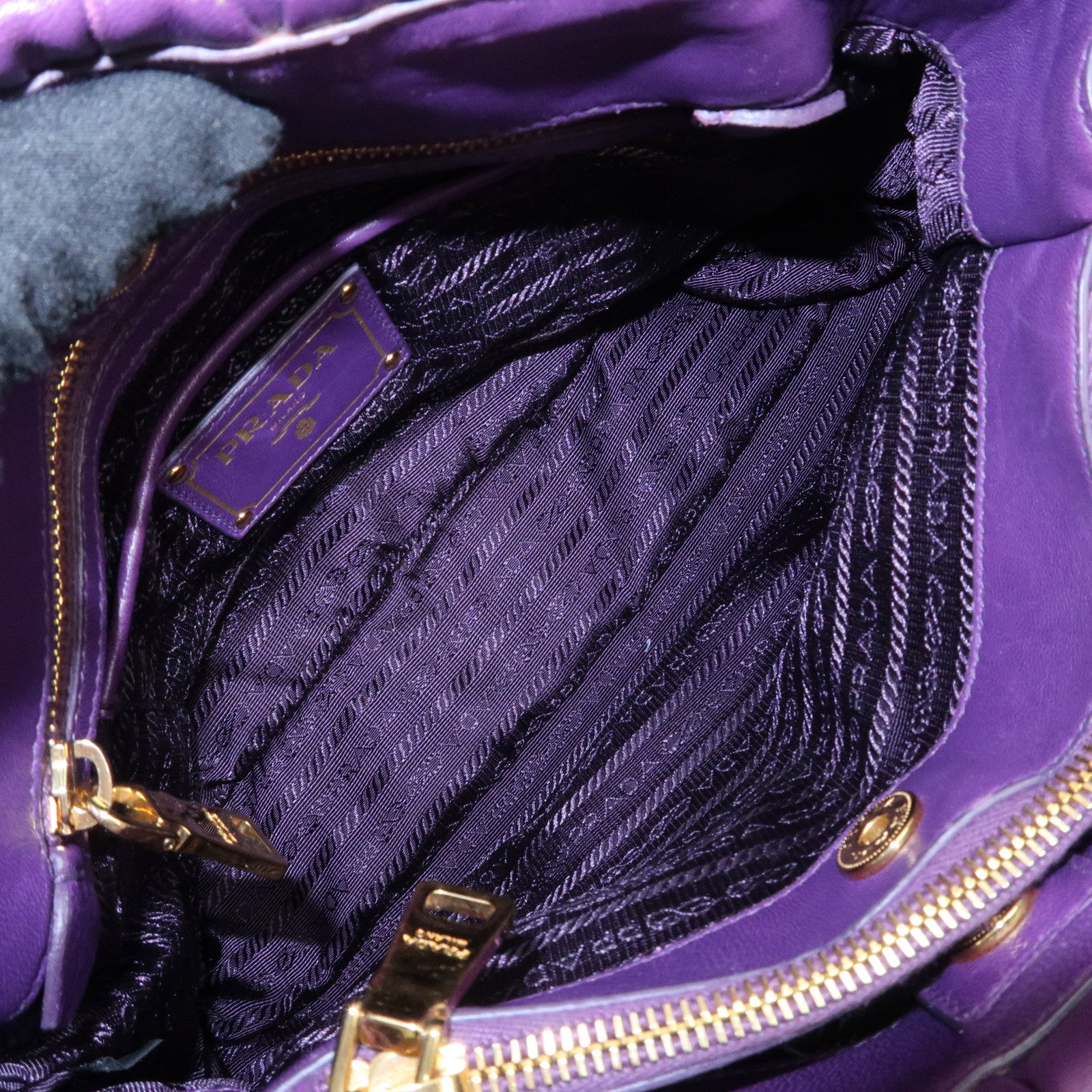 PRADA Leather Gathered Hand Bag Purple Gold Hardware BN2394