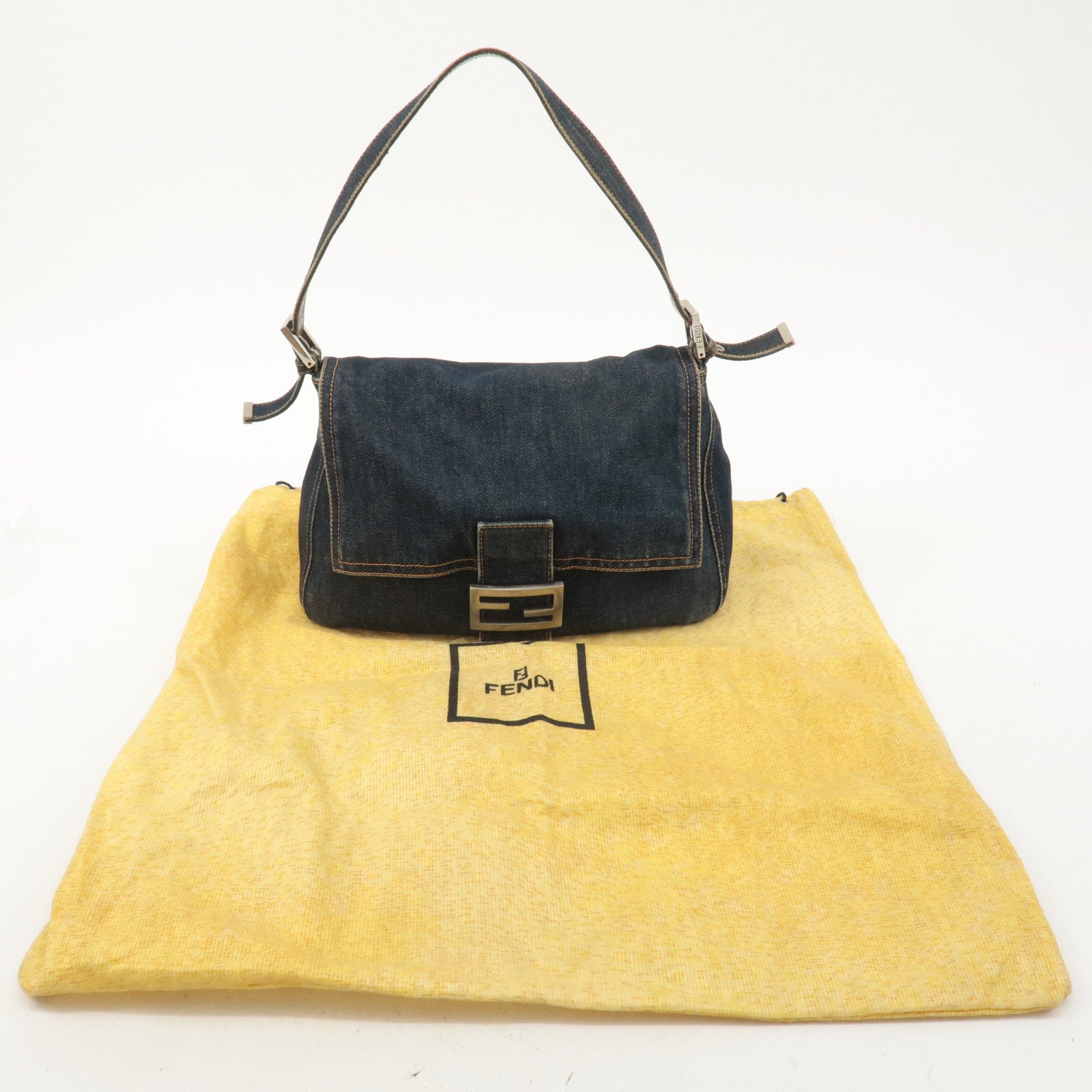 FENDI Denim Leather Mamma Baguette Shoulder Bag Blue