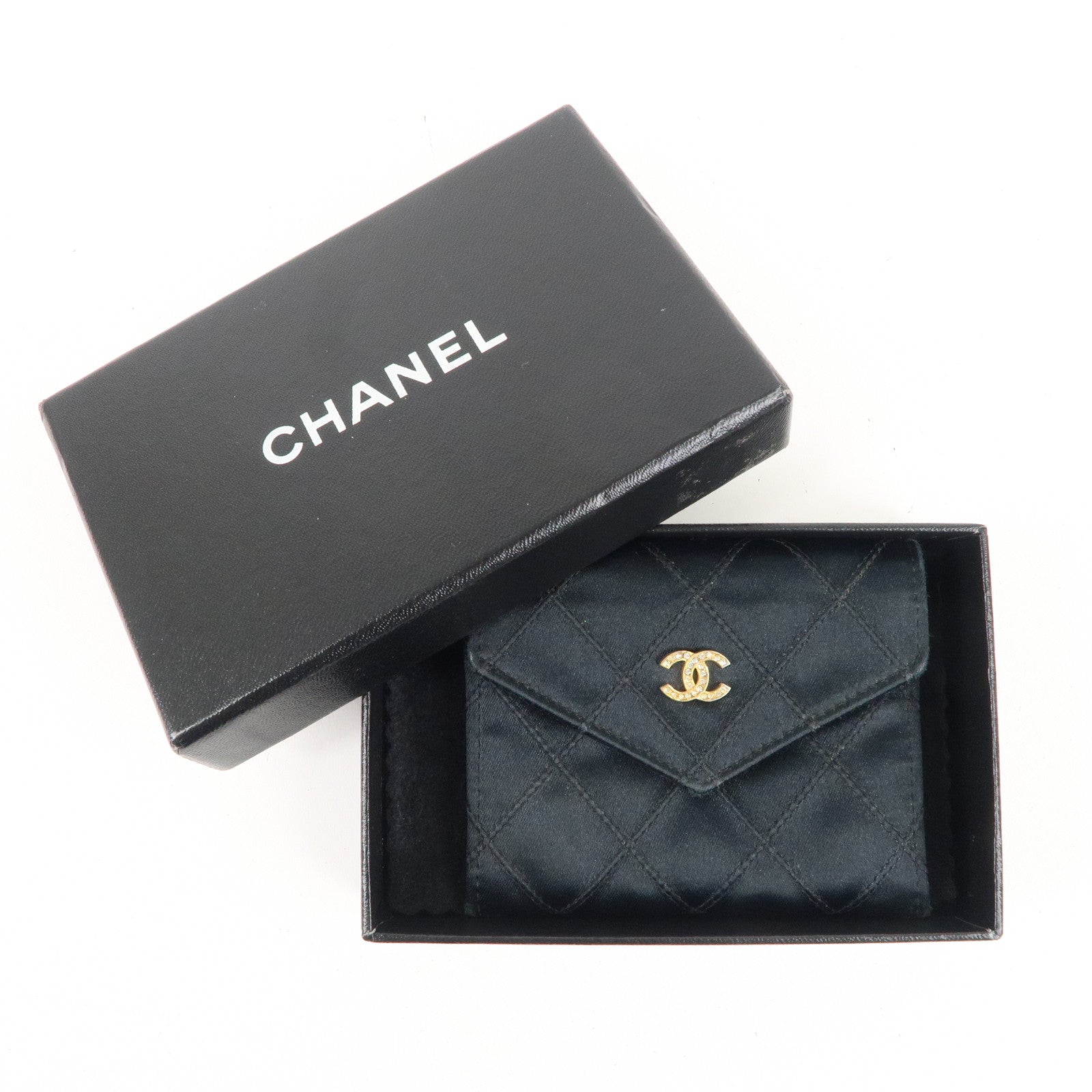 CHANEL Bicolore Satin Coin Case Coin Purse Black