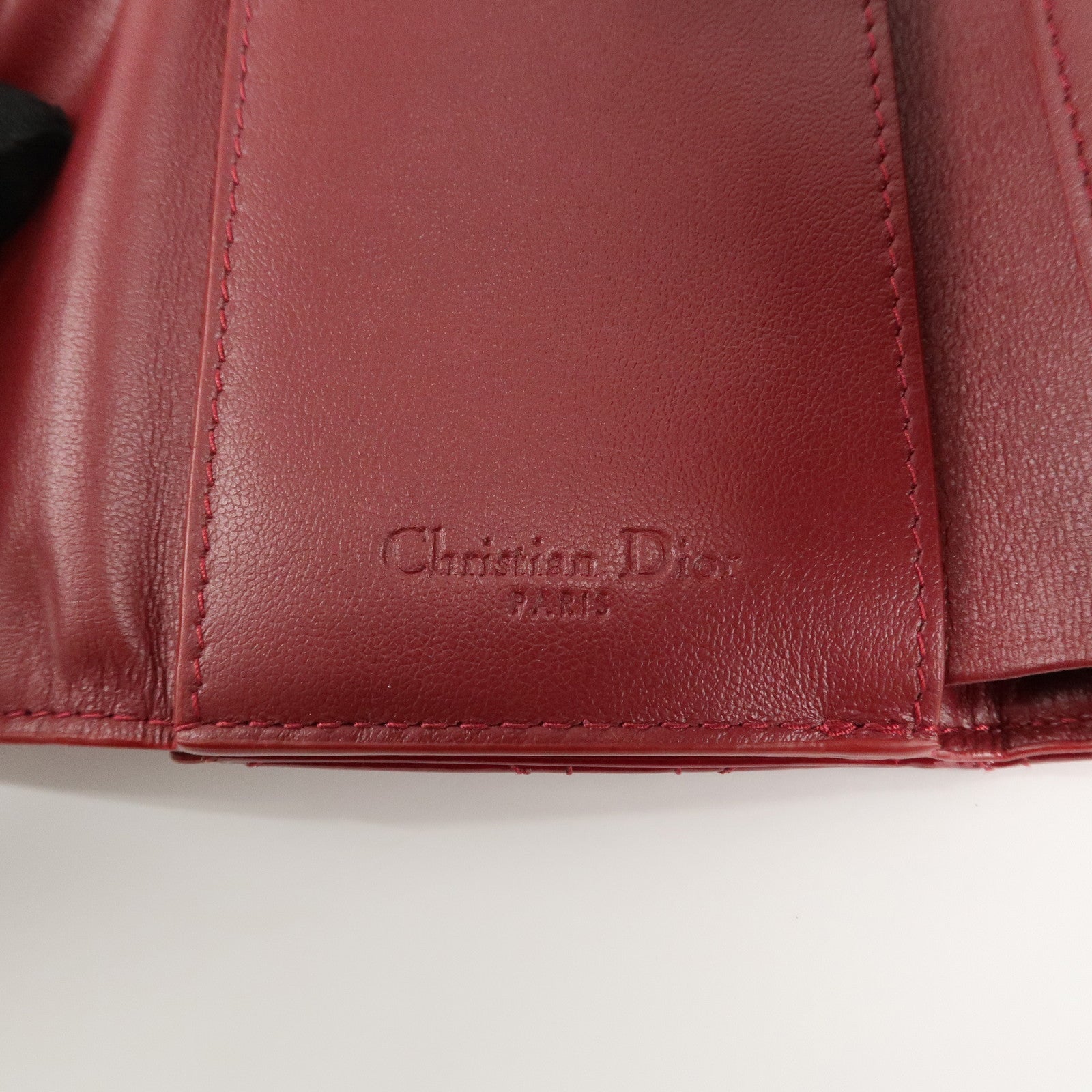 Christian Dior Cannage Lady Dior Leather Lotus Tri fold Wallet Red Used