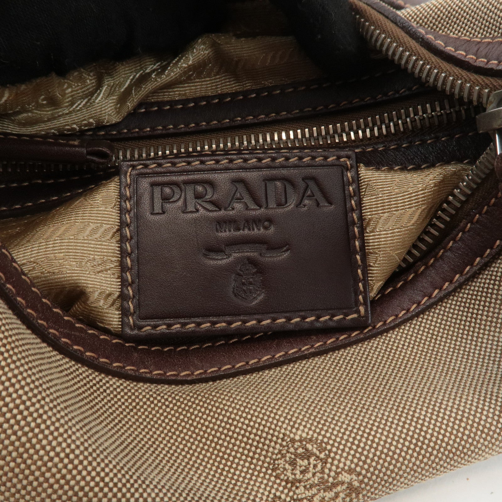 PRADA Logo Jacquard Leather Shoulder Bag Beige Brown BT0534