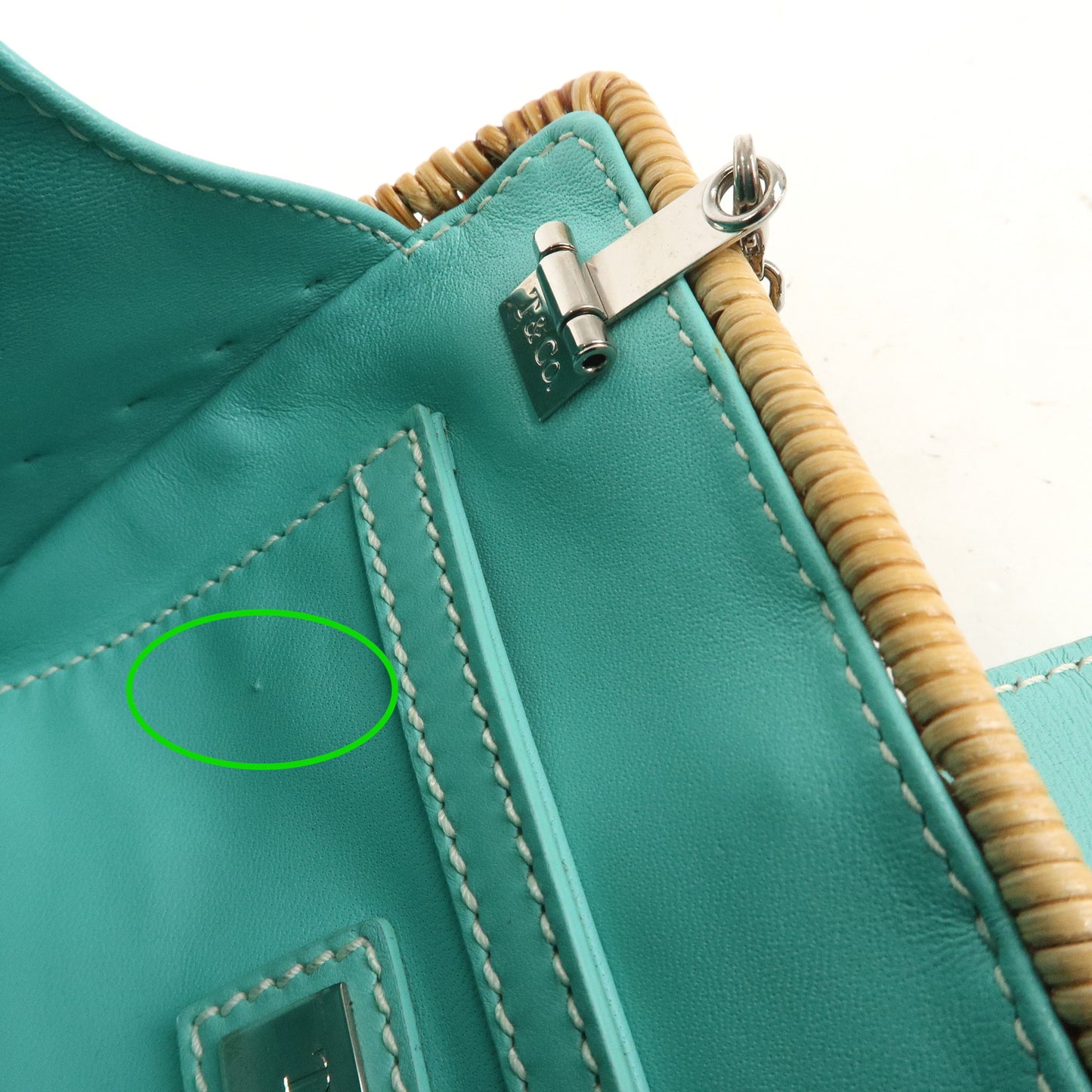 Tiffany&Co. Raffia Leather Chain Shoulder Bag Beige Turquoise