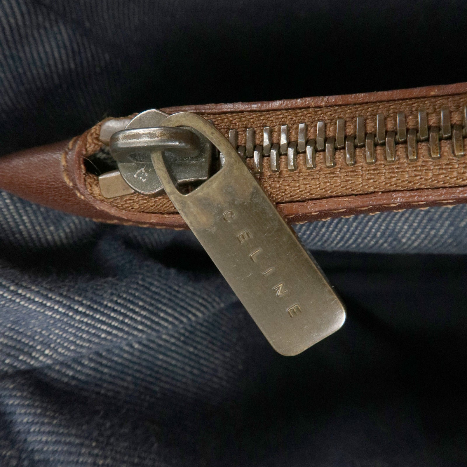 CELINE Macadam Denim Leather Boogie Bag Tote Bag Blue Brown Used