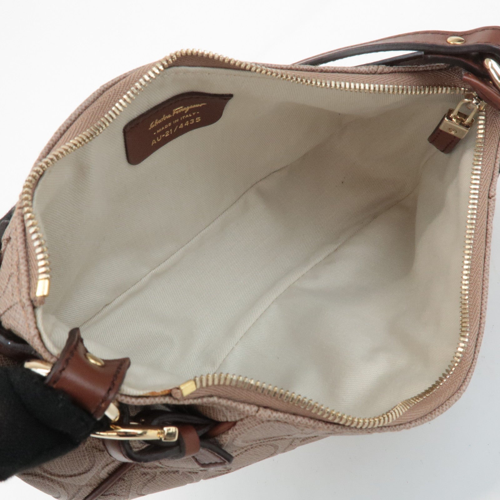 Ferragamo Gancini PVC Leather Shoulder Bag Pink Beige Brown Used