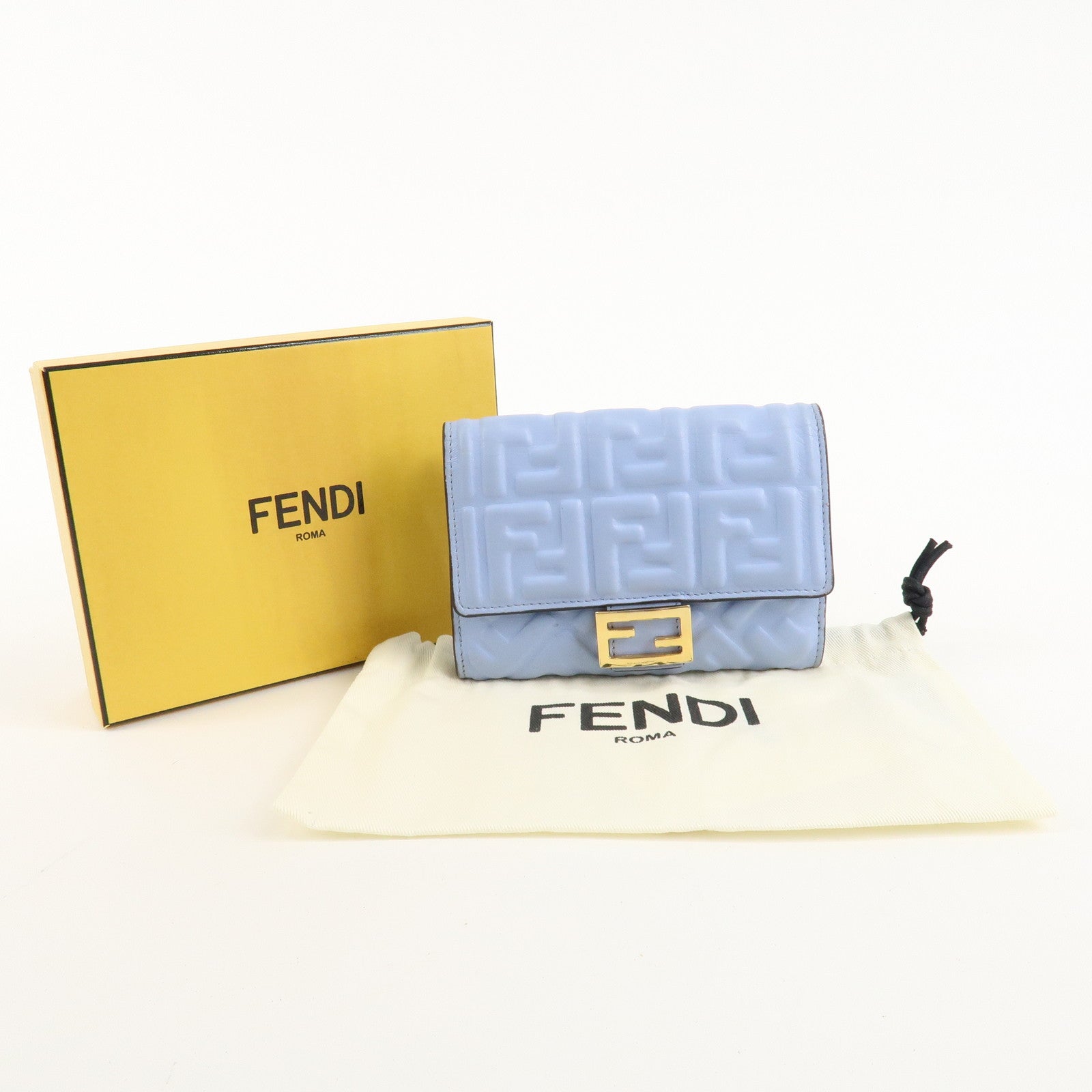 FENDI Leather Embossed Bi-fold Wallet Light Blue 8M0419