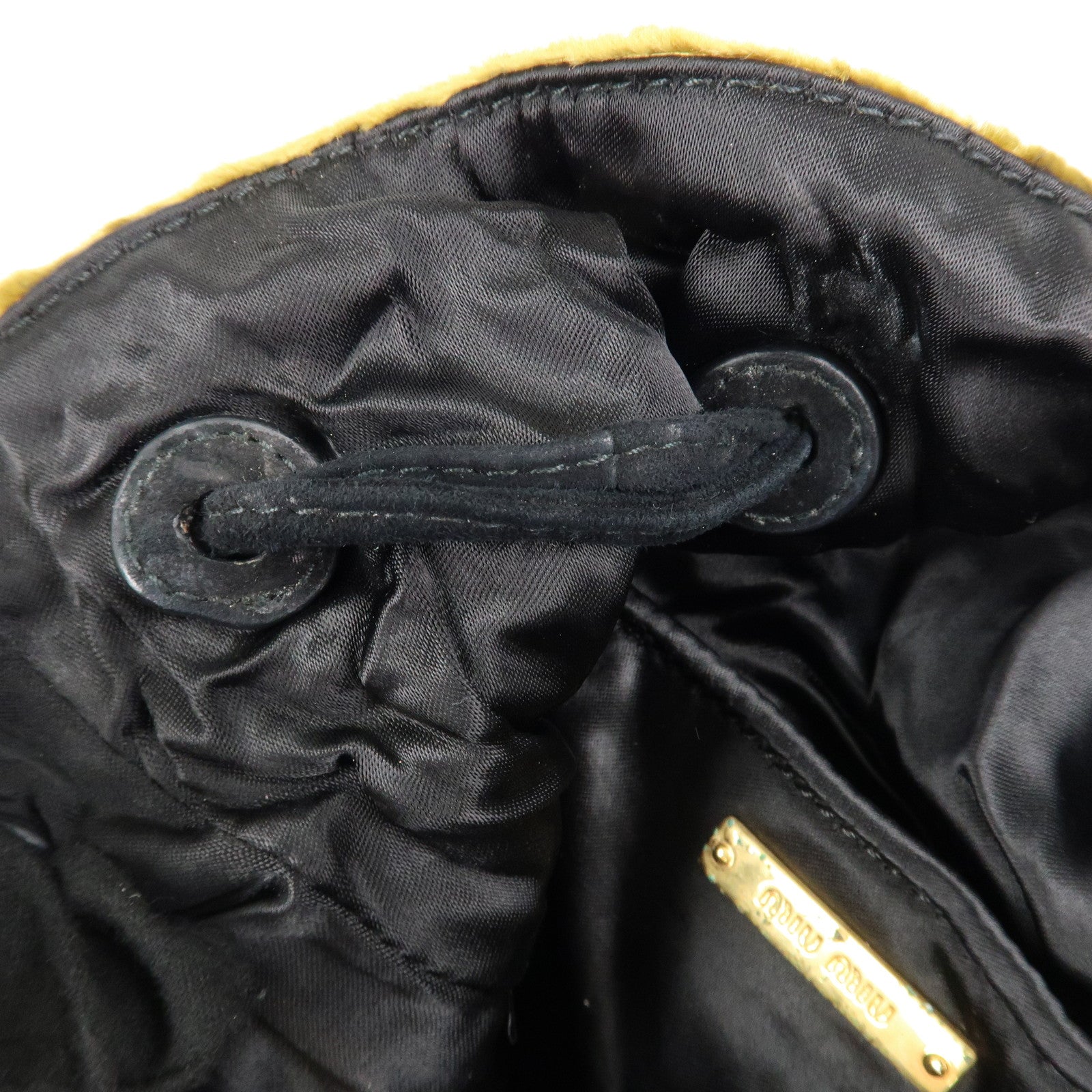 MIU MIU Satin Velour Suede Shoulder Bag Drawstring Bag Gold Black Used