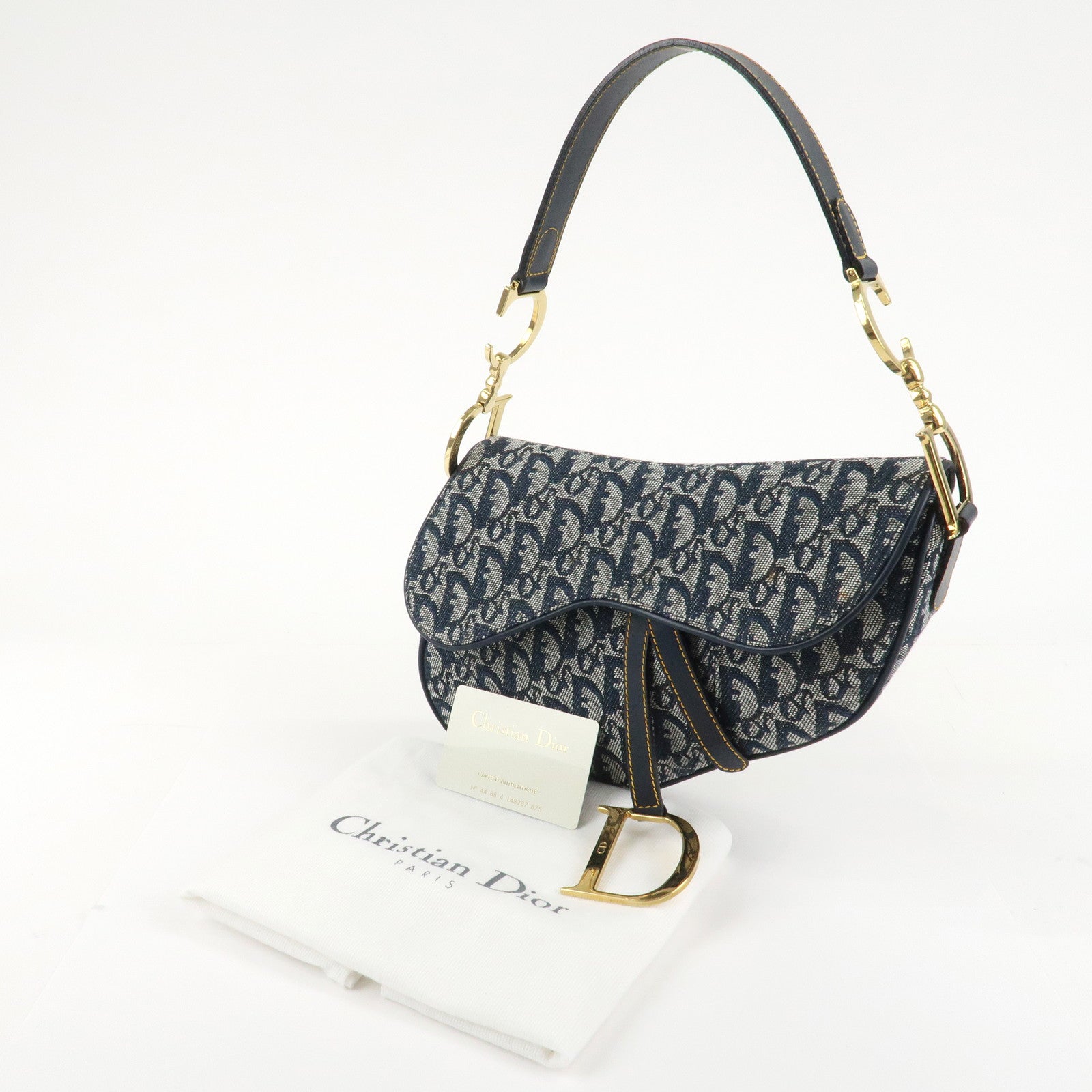 Christian Dior Trotter Jacquard Leather Saddle Shoulder Bag Navy Used