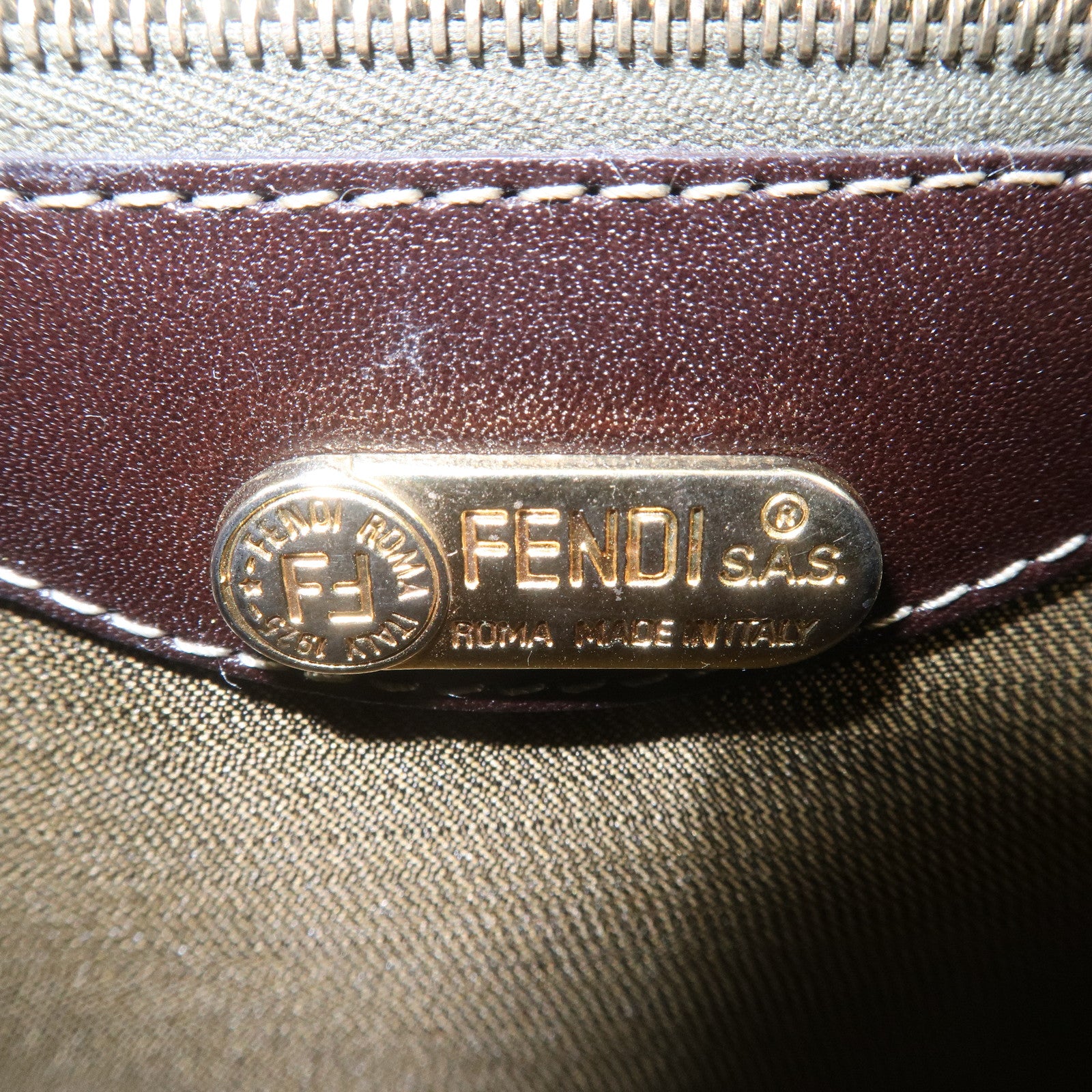 FENDI Zucca Canvas Leather Hand Bag Khaki Brown Black