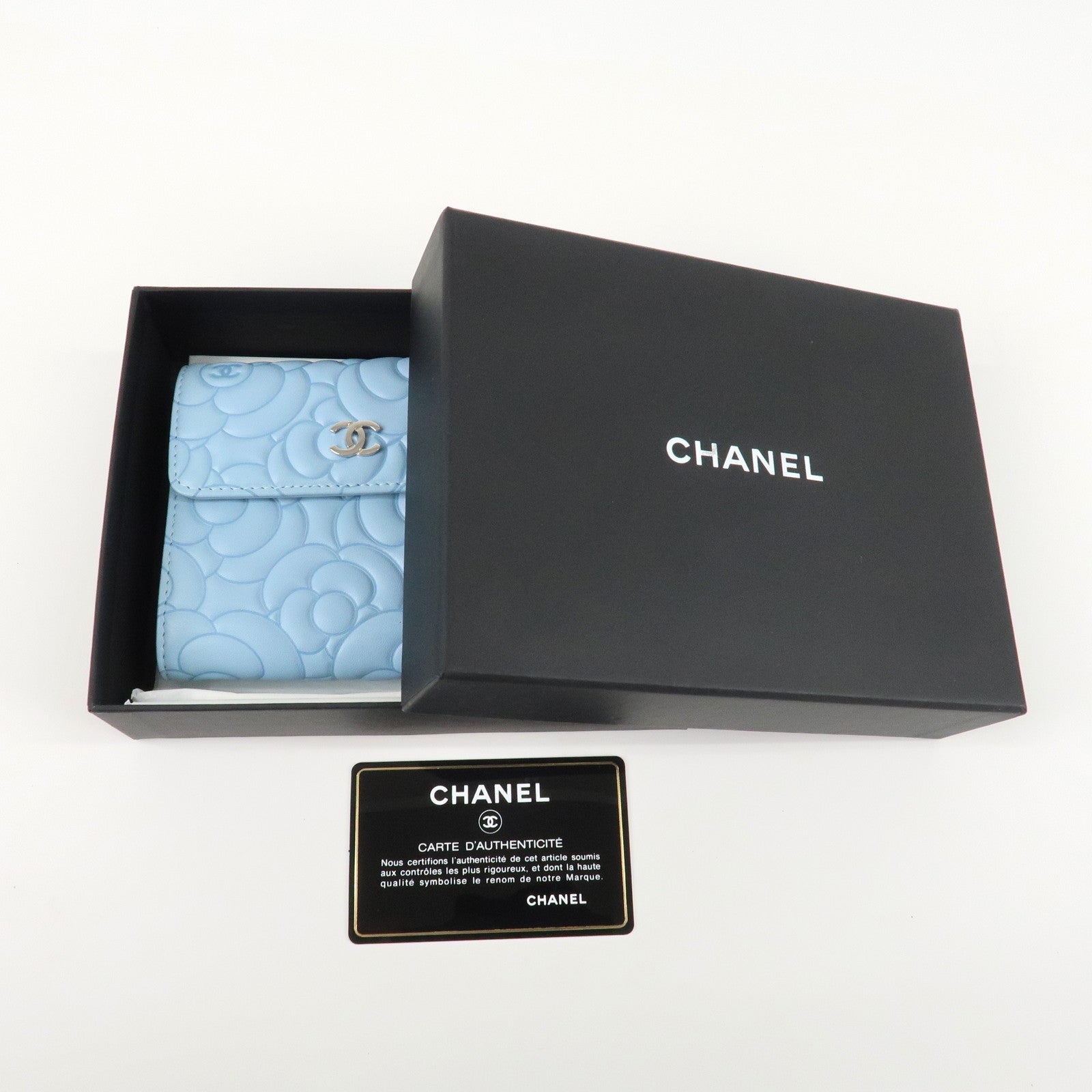 CHANEL Camelia Lamb Skin Bi-fold Wallet Blue