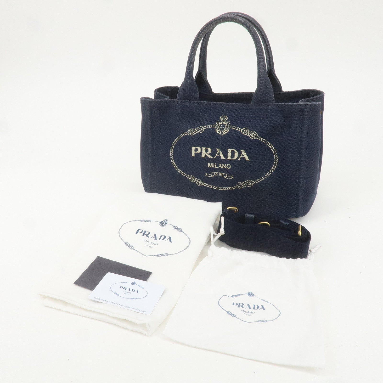 PRADA Canapa Mini Canvas 2Way Bag Tote Bag Navy 1BG439