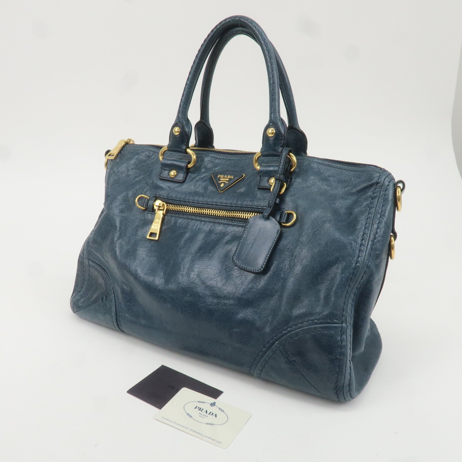 PRADA Leather 2Way Bag Shoulder Bag Blue BL0678