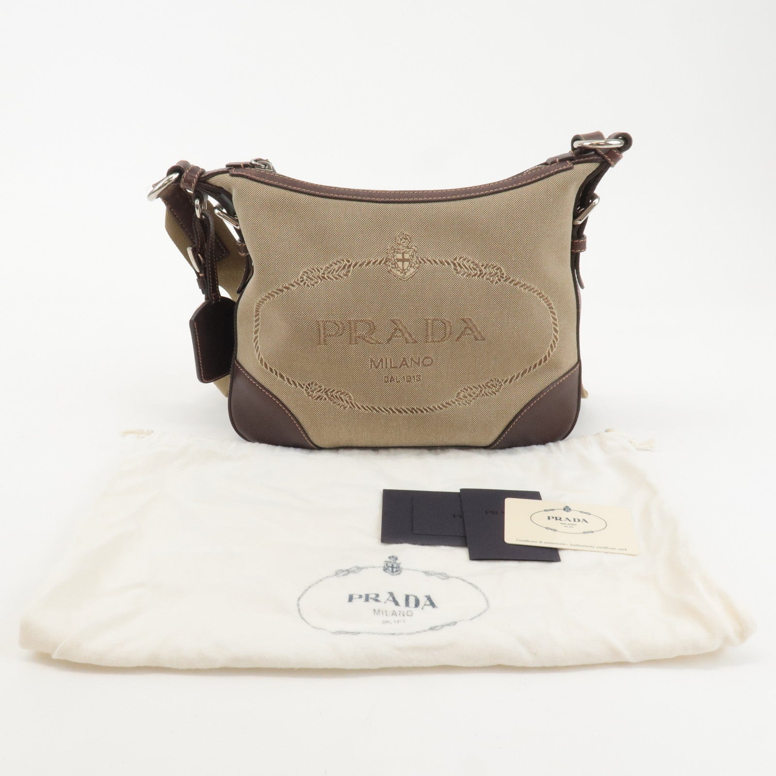 PRADA Logo Jacquard Leather Shoulder Bag Beige Brown BT0534