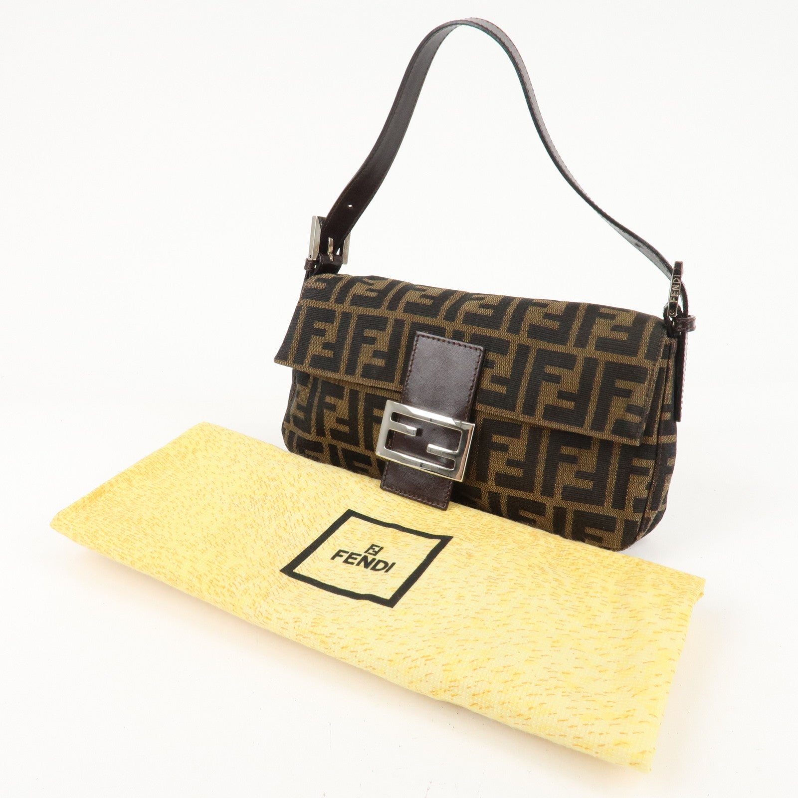 FENDI Mamma Baguette Zucca Canvas Shoulder Bag Brown Black 26424