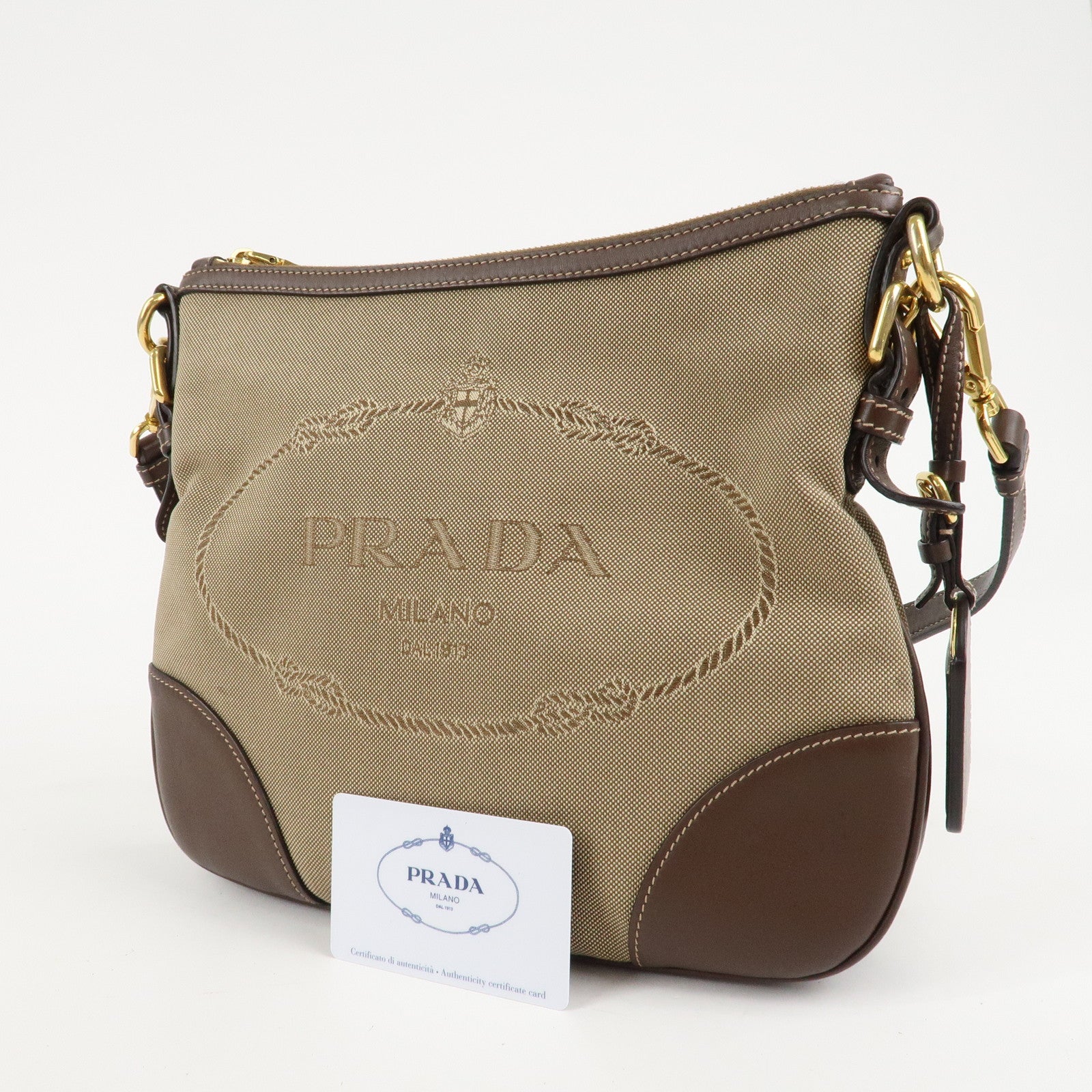 PRADA Jacquard Leather Shoulder Crossbody Bag Beige Brown BT867A