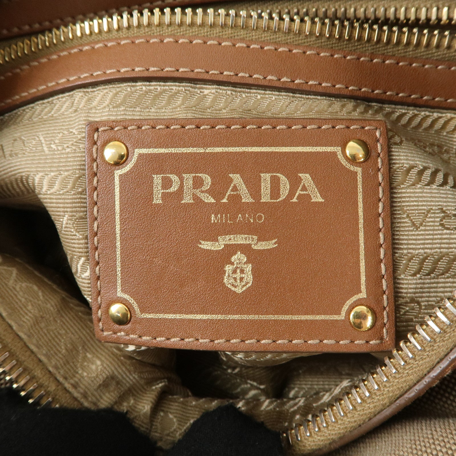 PRADA Logo Jacquard Leather Shoulder Bag Beige Brown BT0706