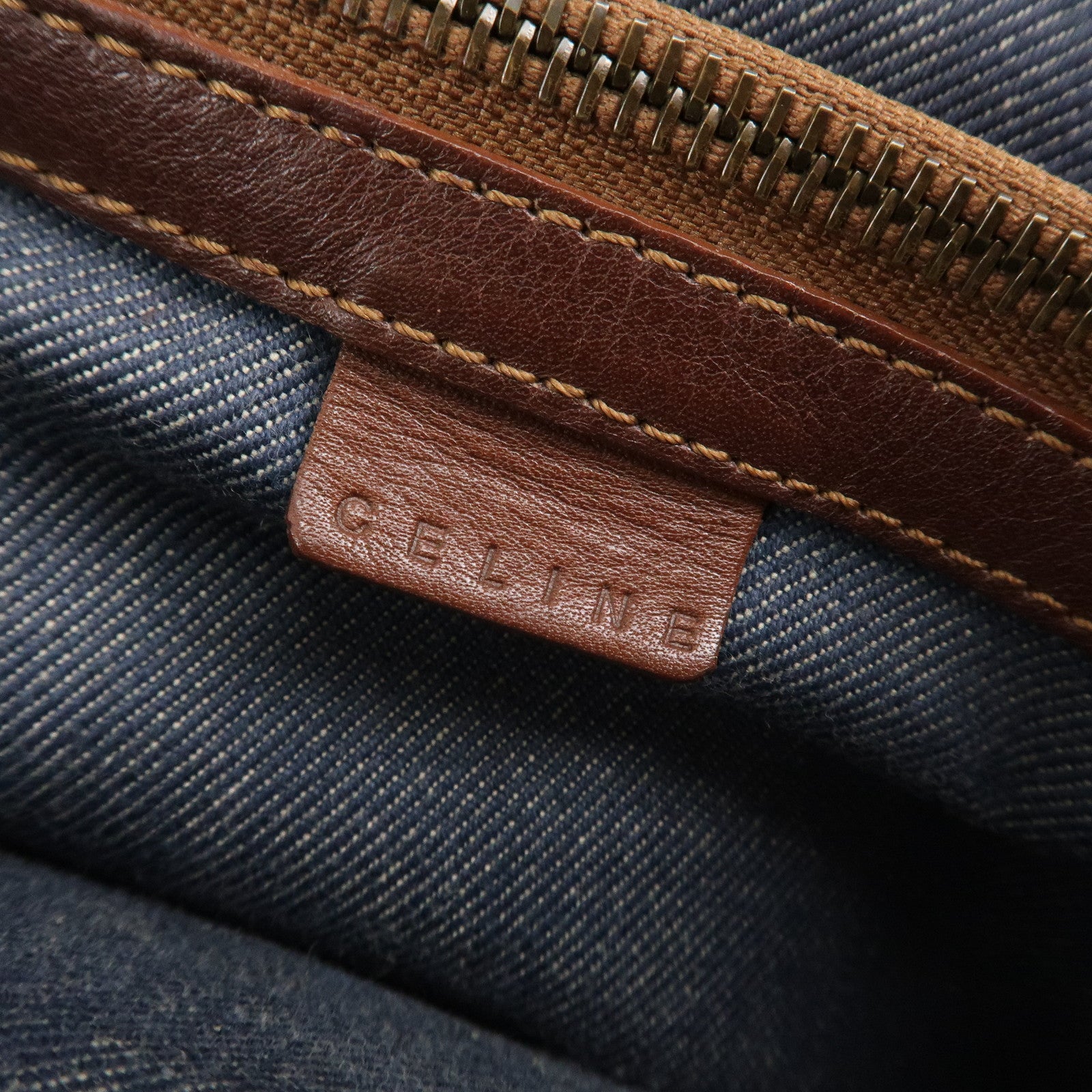 CELINE Macadam Denim Leather Boogie Bag Tote Bag Blue Brown Used