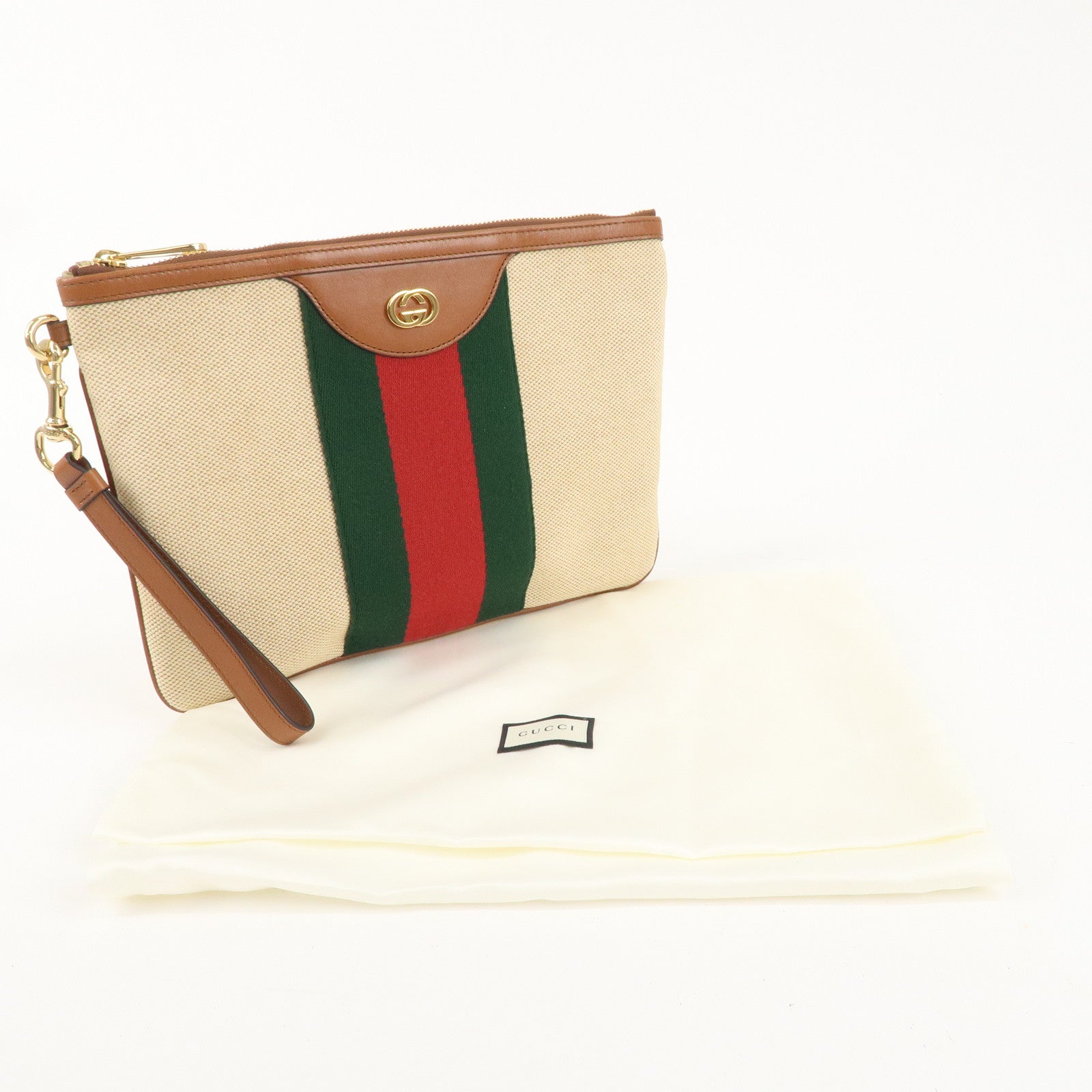 GUCCI Sherry Interlocking G Canvas Leather Clutch Bag Beige 576053