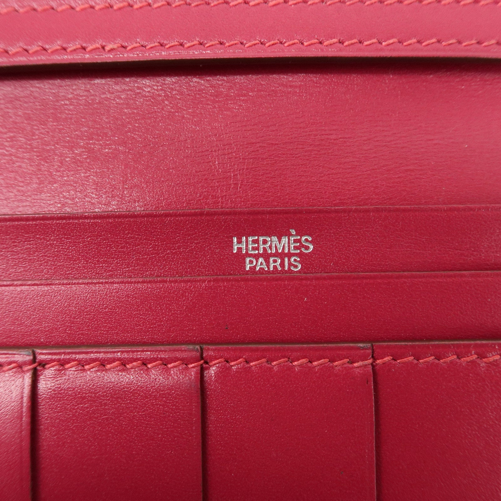 HERMES Leather Bearn I Engraved Long Wallet Pink Used