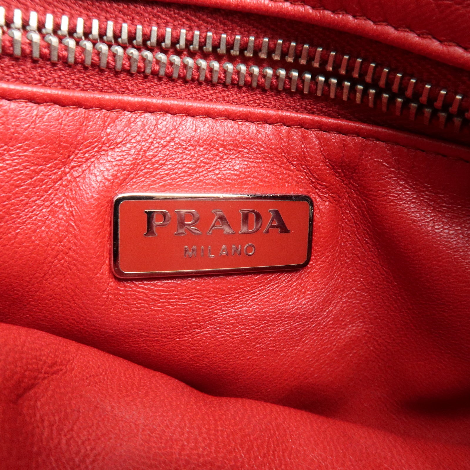 PRADA Logo Leather Line Stone Pouch Black Silver