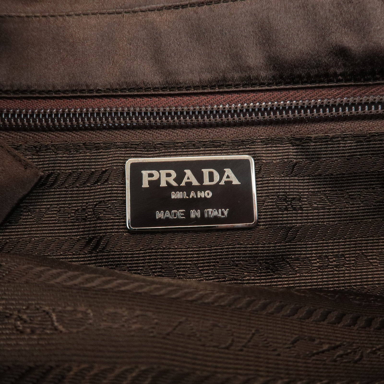 PRADA Satin Hand Bag Shoulder Bag Silver Hardware Dark Brown