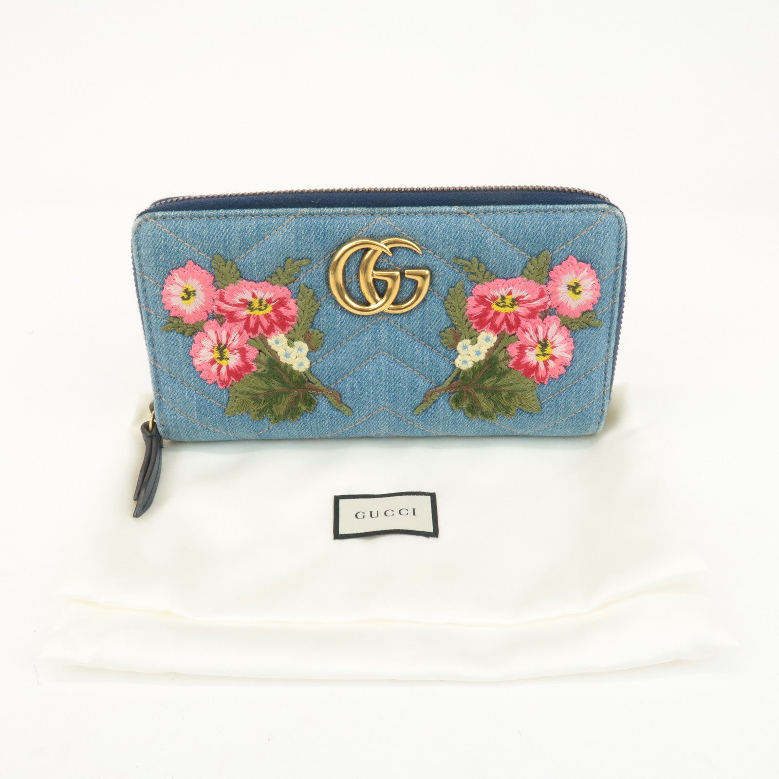 GUCCI GG Marmont Denim Zip Around Wallet Floral Pattern 443123