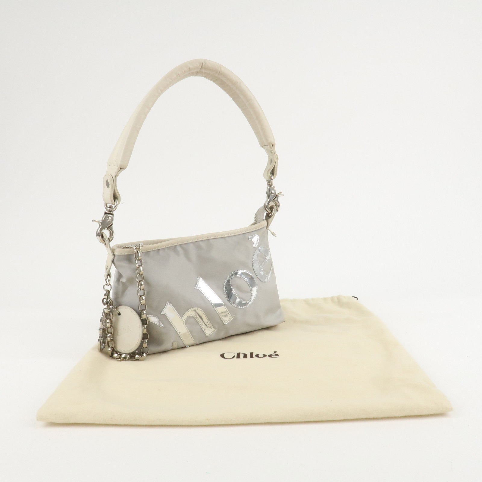 Chloe 2Way Nylon Leather Bag Shoulder Bag Light Gray White