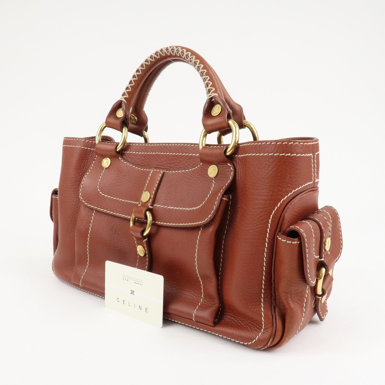 CELINE Macadam Stamped Leather Boogie Hand Bag Brown Gold HDW Used