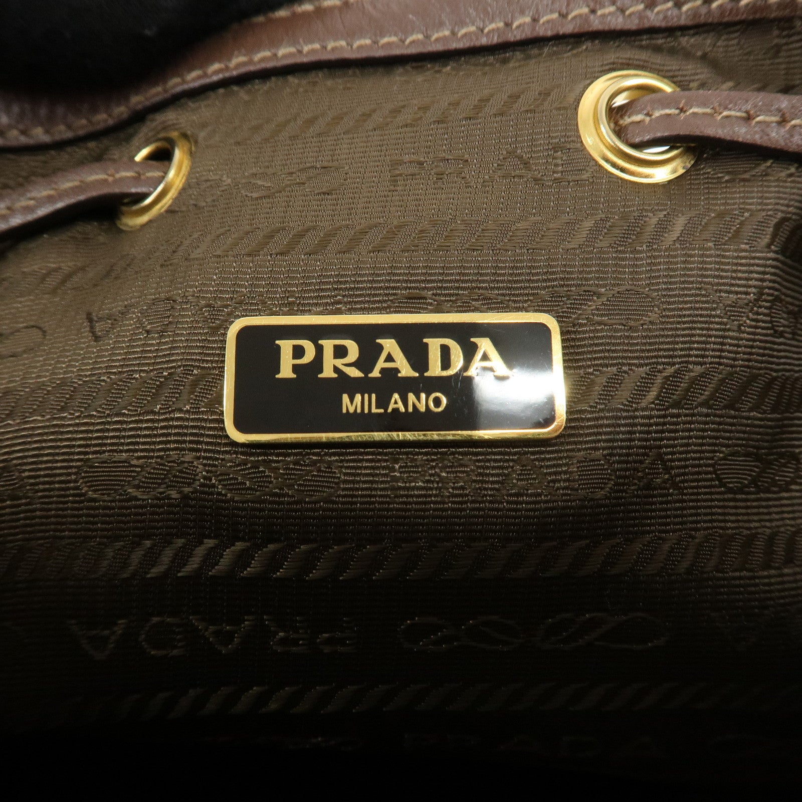 PRADA Logo Jacquard Leather Drawstring Shoulder Bag Beige 1BH038