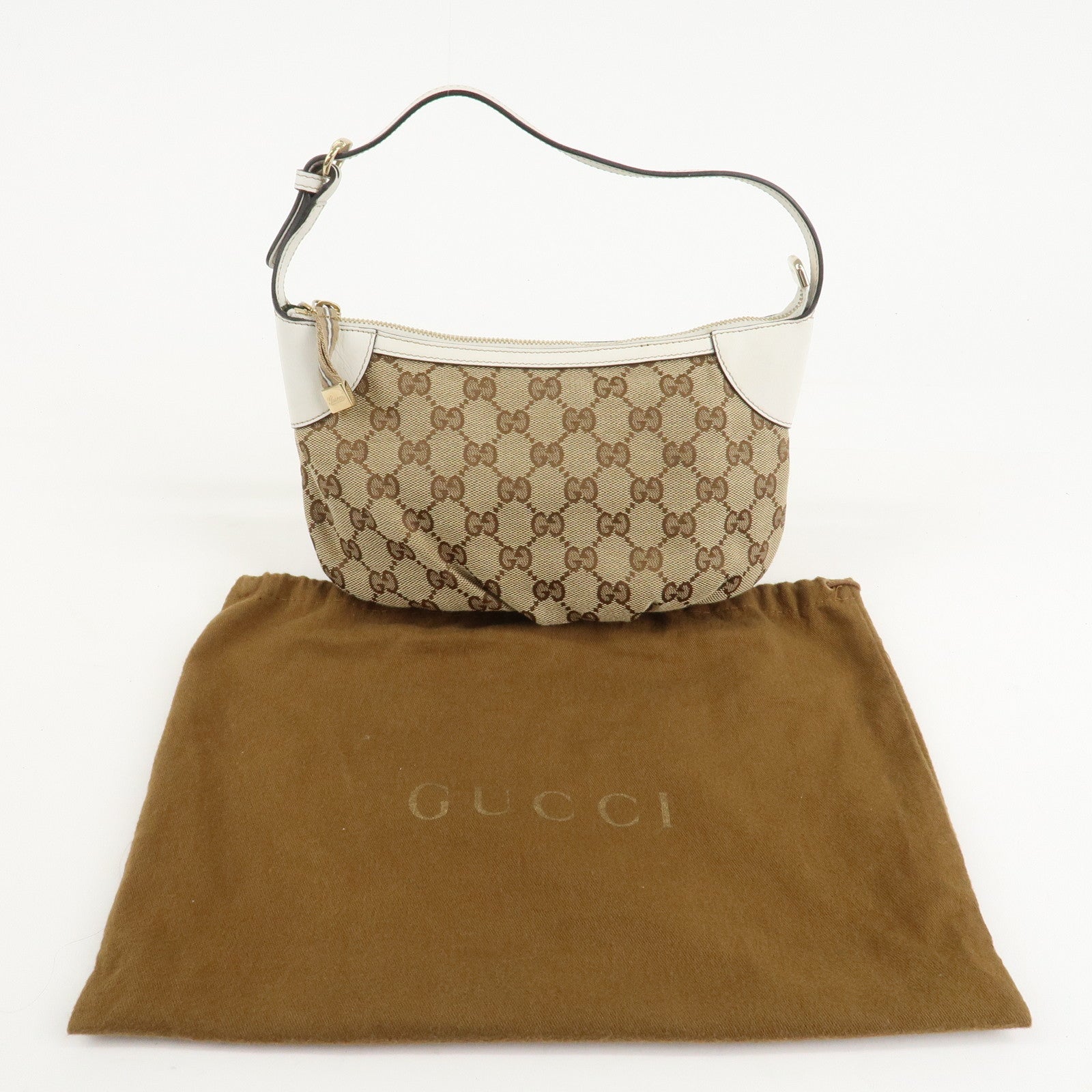 GUCCI GG Canvas Leather Shoulder Bag Hand Bag Beige White 224093 Used